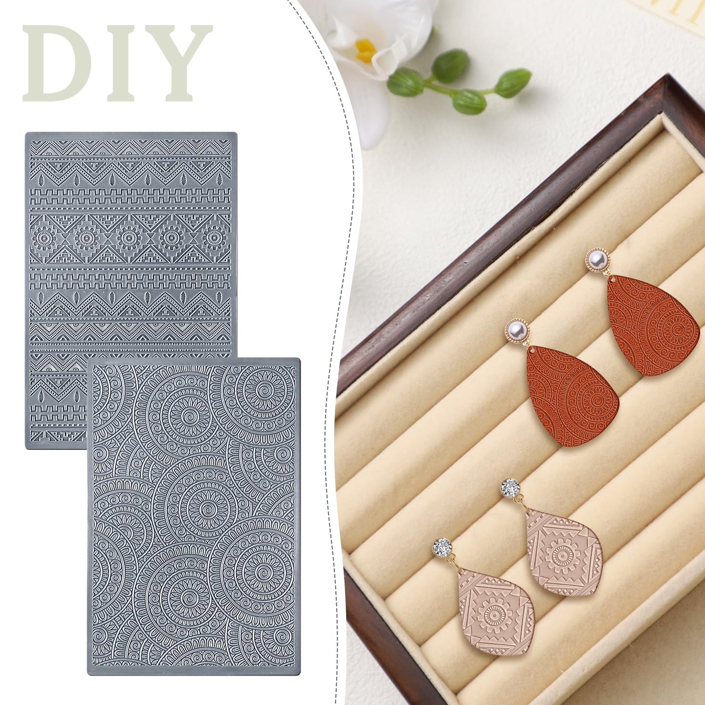 DoubleFill 12 Pcs Polymer Clay Texture Sheets Mat Works with Polymer Clay Cutter Embossin Roller DIY Tools for Pottery Earrings Jewelry Making DIY Craft Supply