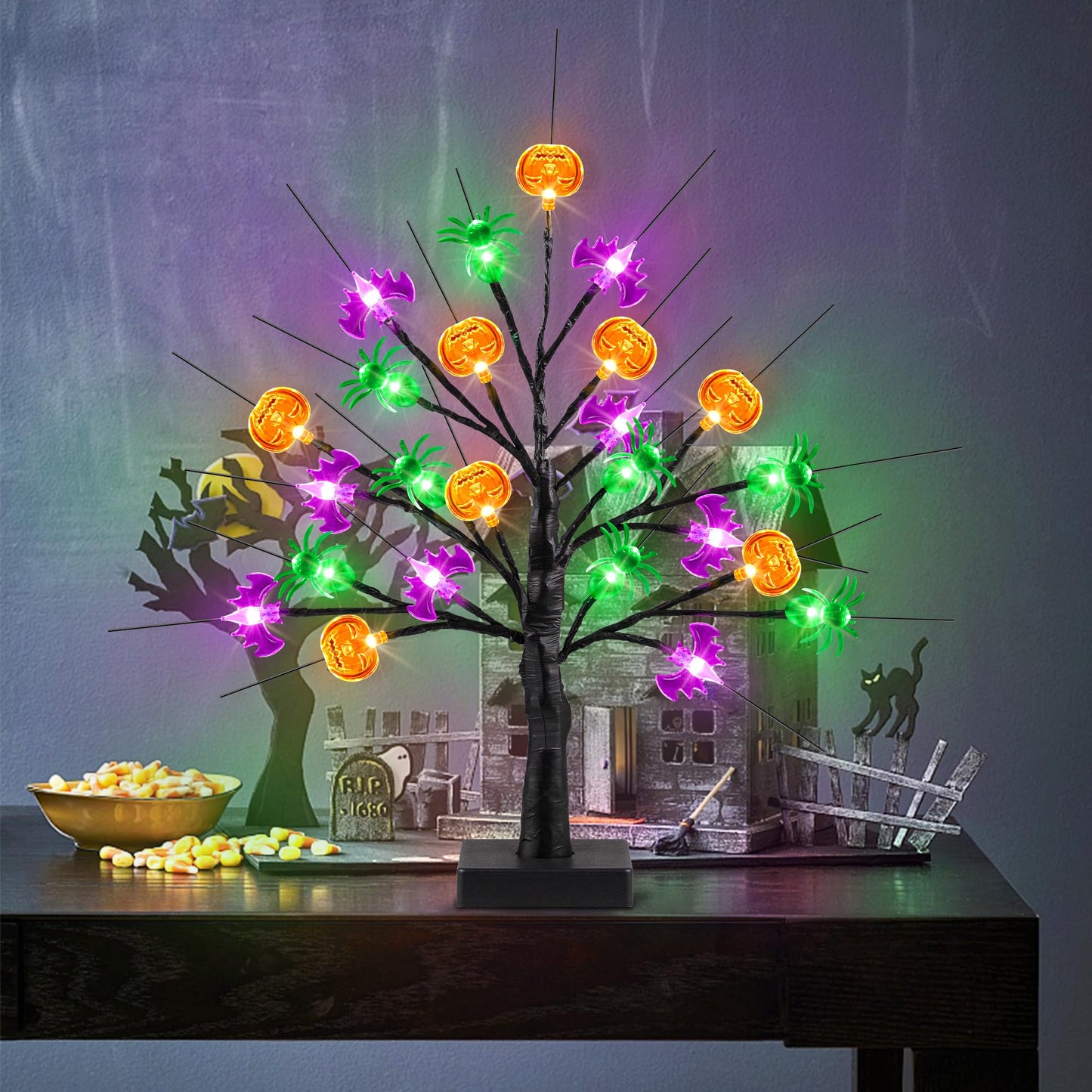 [Timer] Halloween Decor 18 Inch Black Halloween Tree with 24 LED Pumpkin Bat Spider Light, USB/Battery Operated Lighted Birch Tree Spooky Halloween Table Decorations Indoor Outdoor for Home Room Party