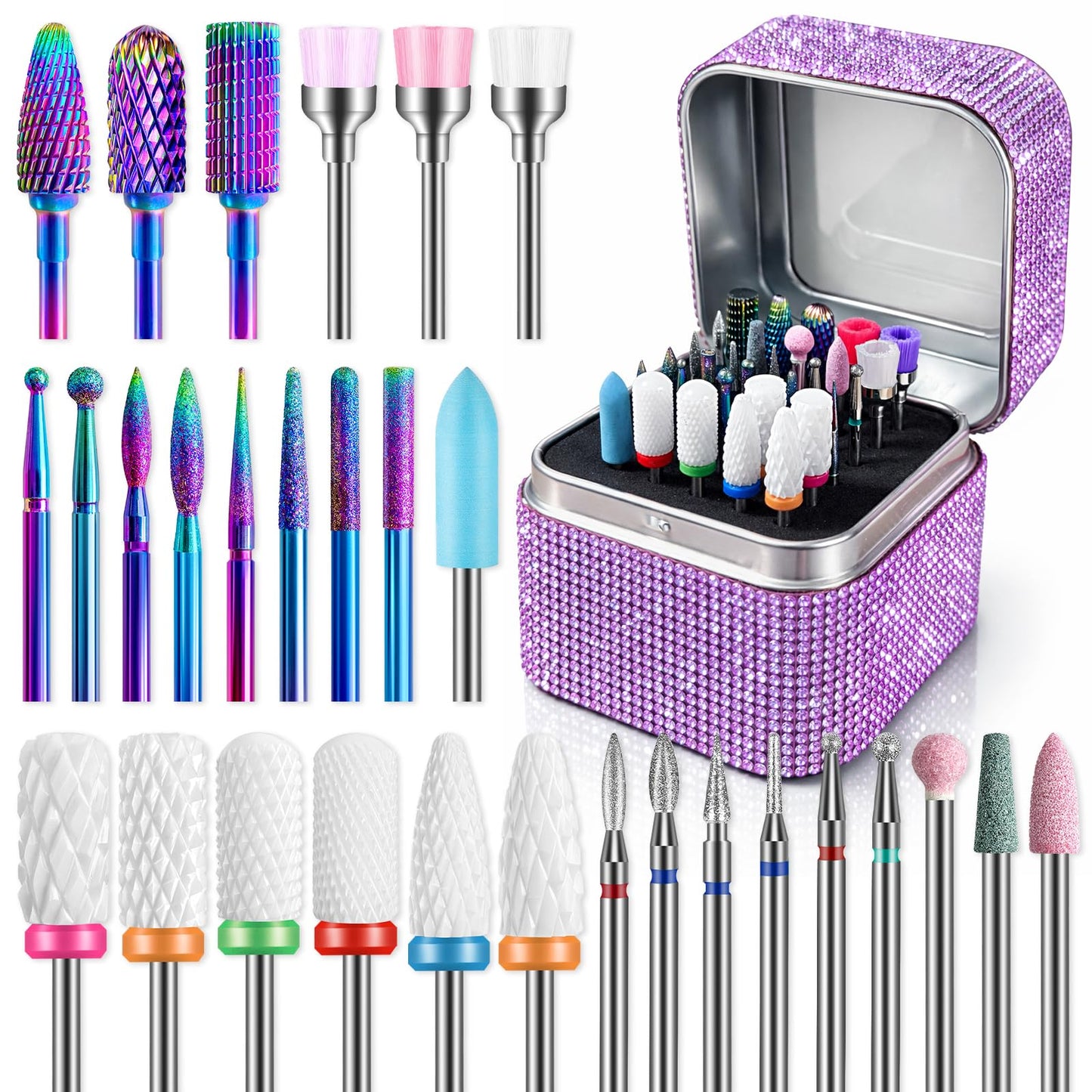 Nail Drill Bits Set with Storage Case: 30pcs 3/32 Inch Carbide Diamond Ceramic Professional Salon Kit for Acrylic Nails, Multi-Function for Women Nail Artists Manicure Pedicure (Purple)