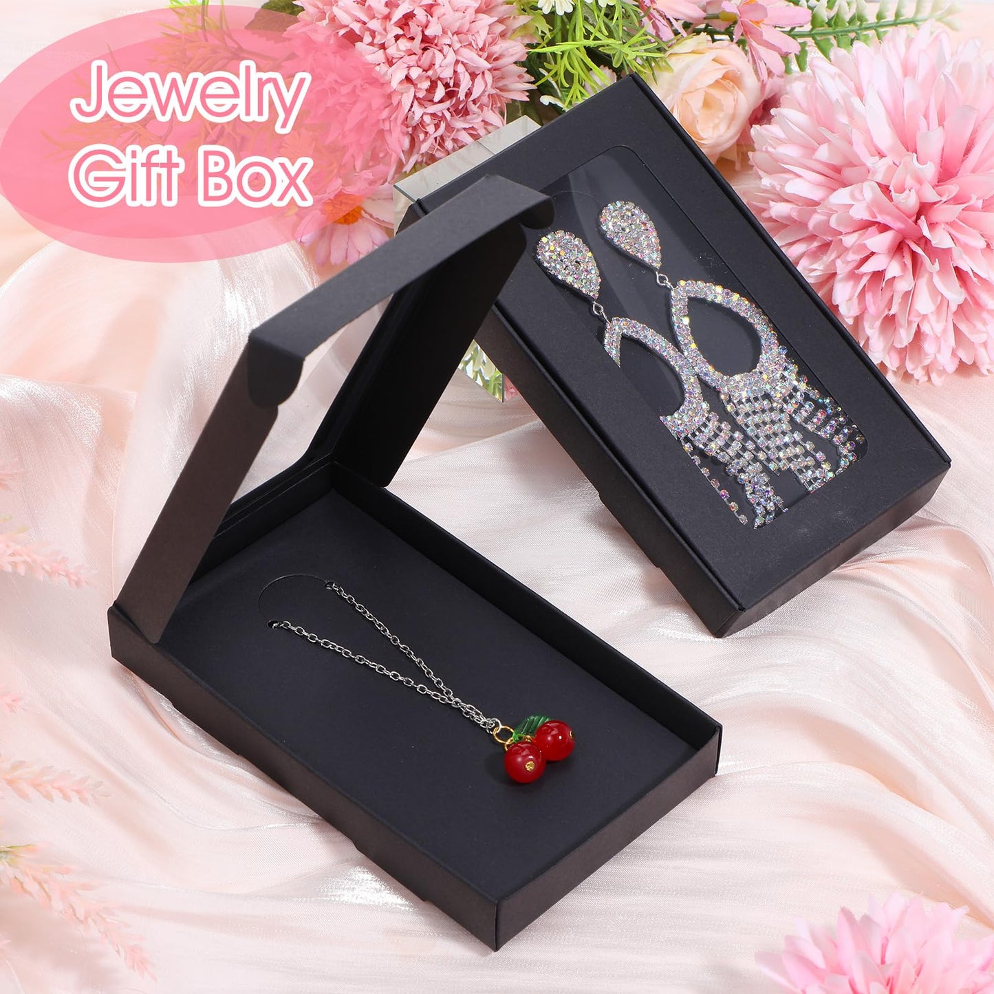 Tobeelec 50 Pcs Jewelry Packaging Boxes with Stickers - 5.4"x3.4"x0.7", Paper Necklace Gift Box Bulk with Clear Window Display Card Sticker for Displaying Necklaces Rings Bracelets Earrings (Black)
