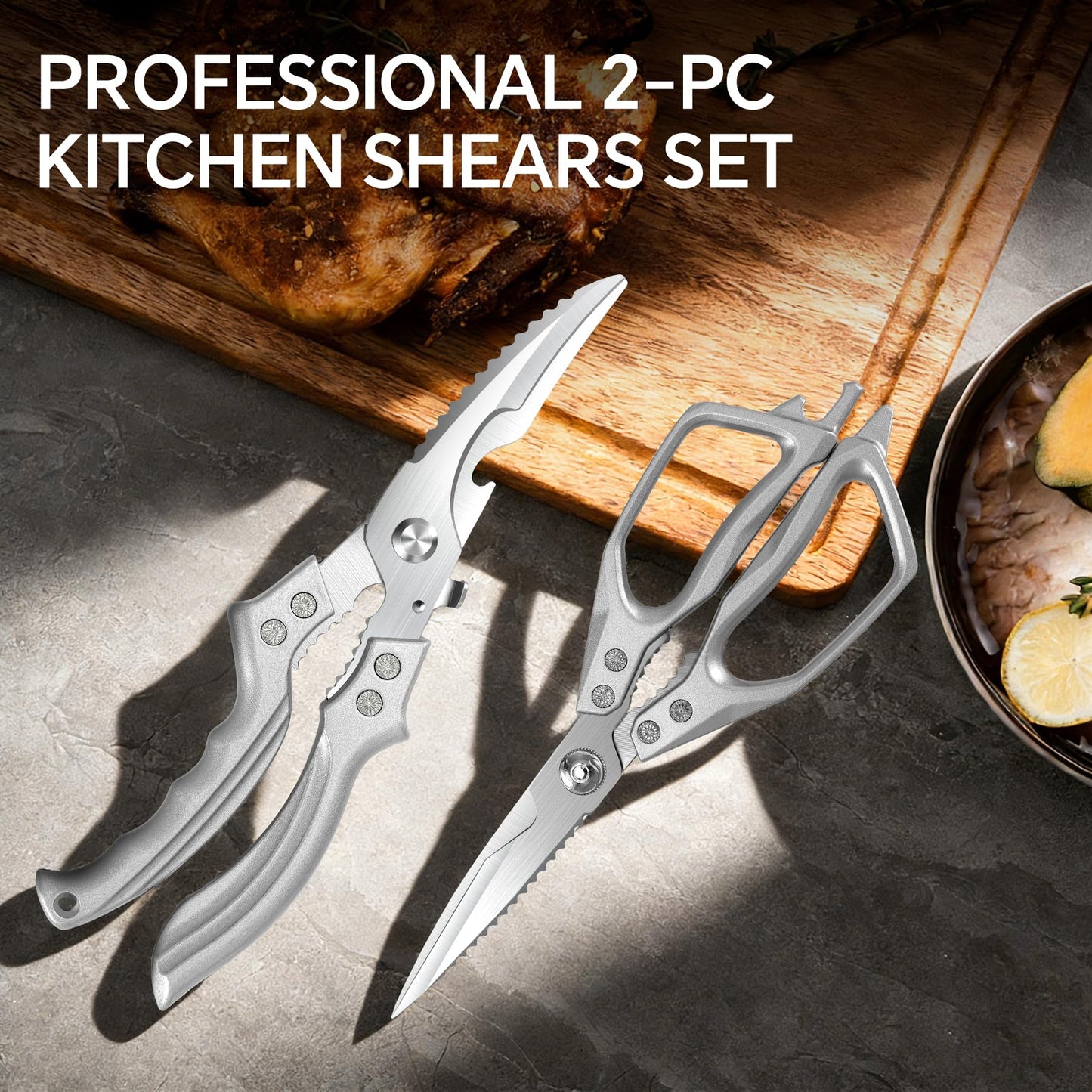 2PCS Kitchen Shears Set Multi-Purpose Kitchen Scissors for Food Heavy Duty Culinary Chef Scissors for Cutting Chicken Meat Vegetables Herbs Scaling Fish, Good Grips Professional Poultry Shears, Silver