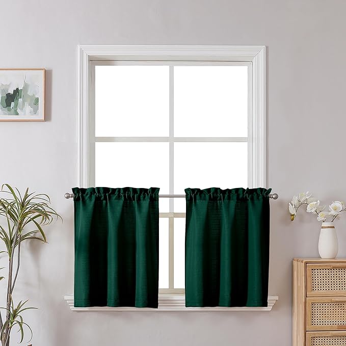 Chyhomenyc Christmas Hunter Green Curtains 30 Inch Length, Faux Linen Textured Small Cafe Curtain Tiers, Light Filtering Short Curtains for Bathroom Window, 30x30 Inch, 2PCS