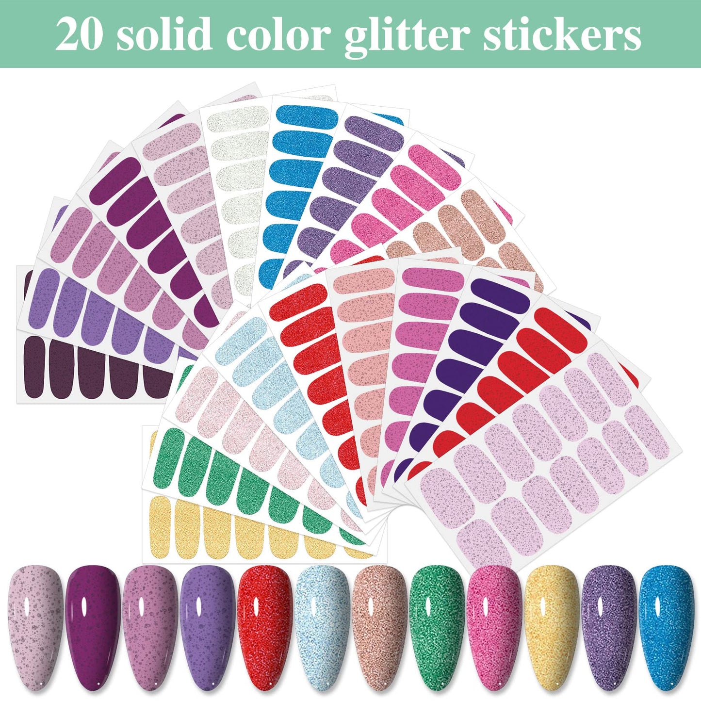 YECIRALA 20 Sheets 280 Pcs Mix-Color Nail Polish Stickers Full Nail Wraps Solid Glitter Gel Nail Strips Press On Nails Polish Strips Wraps Stick On Nails Stickers for Nail Art Wraps