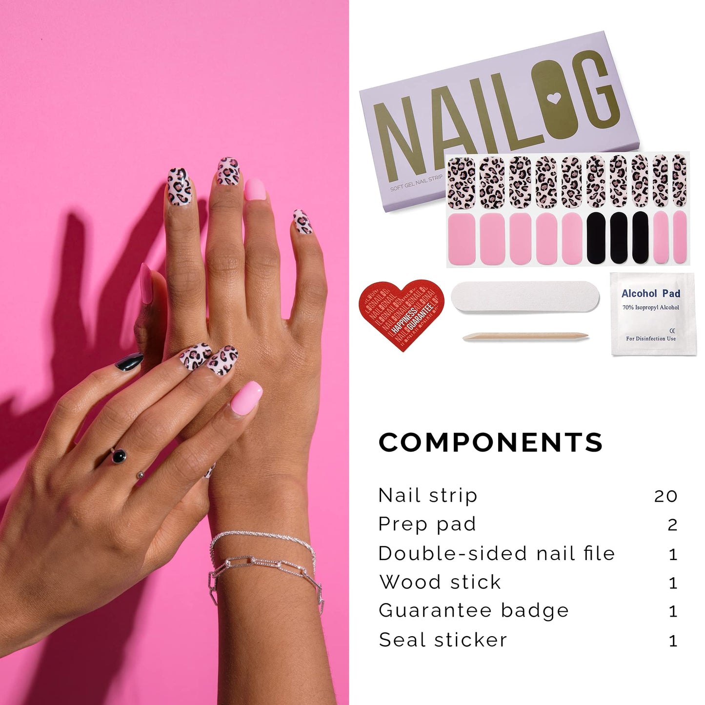 NAILOG Semi Cured Gel Nail Strips (20 Extra Long Polish Stickers/Wraps) │ Glossy & Long Lasting Soft Gel Finishing │Pink Leopard