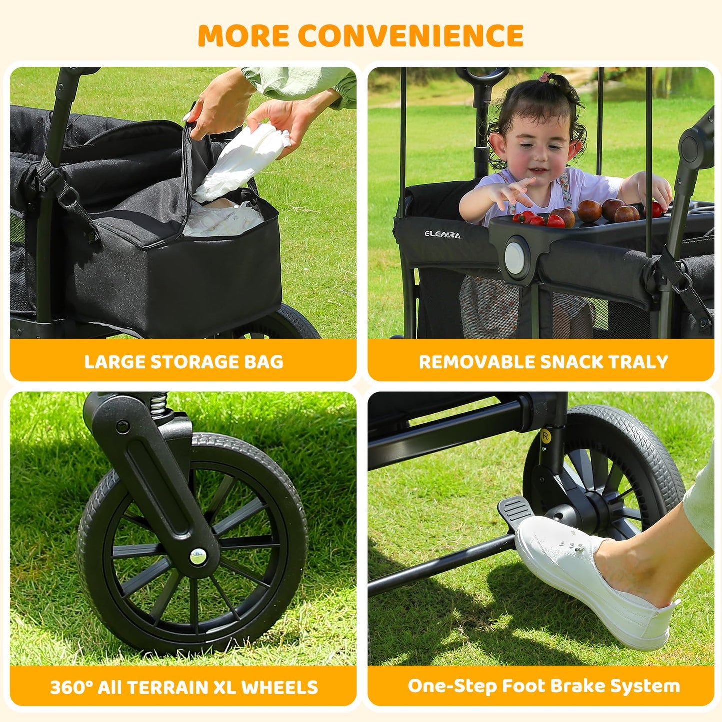 ELEMARA Foldable Wagon Stroller, Stroller Wagon for 2 Kids, Premium All Terrain Wagon for Kids with Removable Canopy, Adjustable Push/Pull Handle, Harnesses, Large Storage Bag, Black