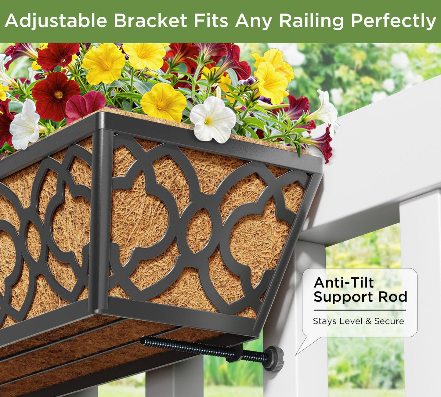 LAWYAMAI 24 Inch Railing Planter Box with Coco Liner, Adjustable Metal Hanging Planter, Window Box for Balcony Deck Fence, Outdoor Flower Box Black, 4 Pack