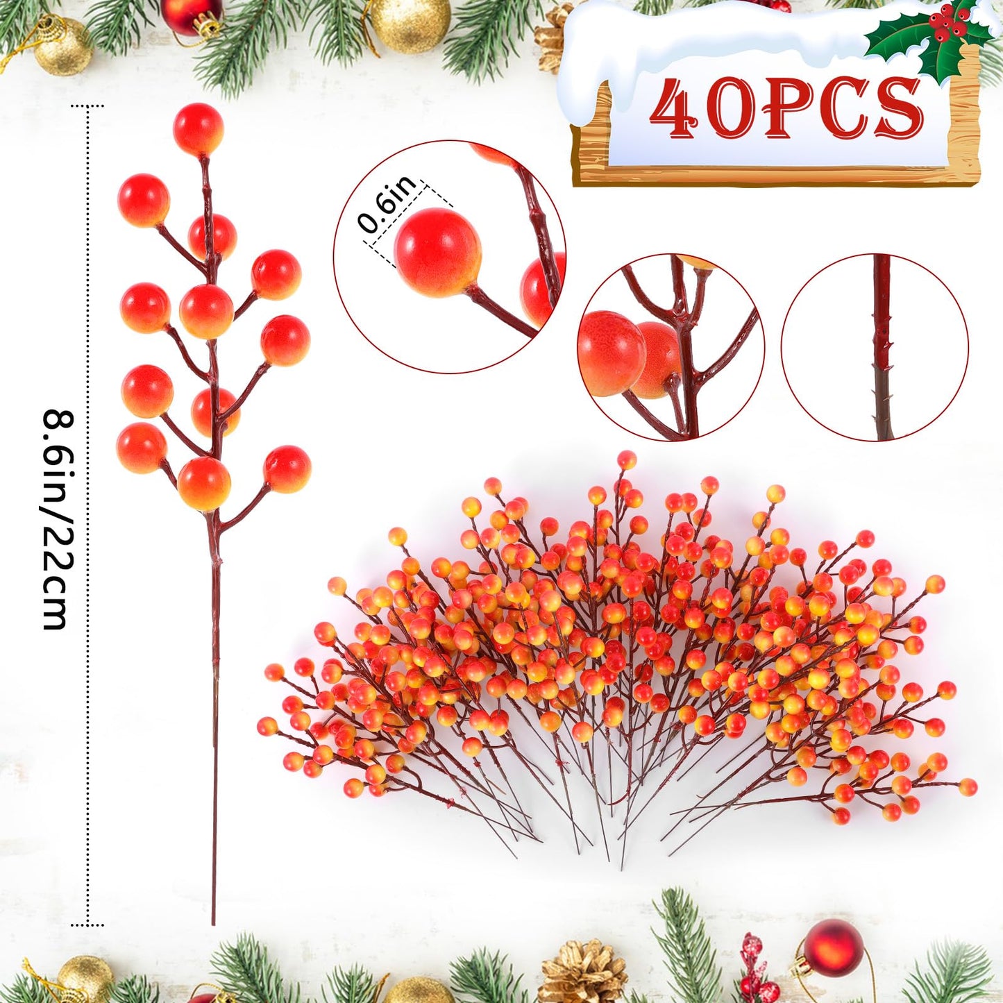 Rowfad 40 Pcs Artificial Berry Stems Branches, Fall Halloween Faux Holly Berries Picks and Sprays Ornaments for Thanksgiving Wreath DIY Craft Decorations Holiday Home Decor (40, Orange)