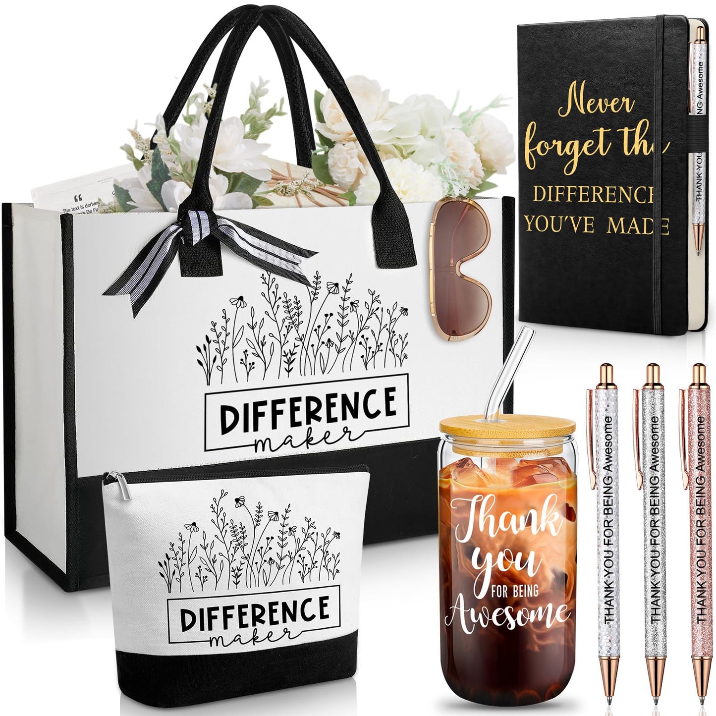 Funnymoom 7 Pcs Difference Maker Gift Employee Appreciation Tote Leather Journal Pen Tumbler Thank You Gift Women