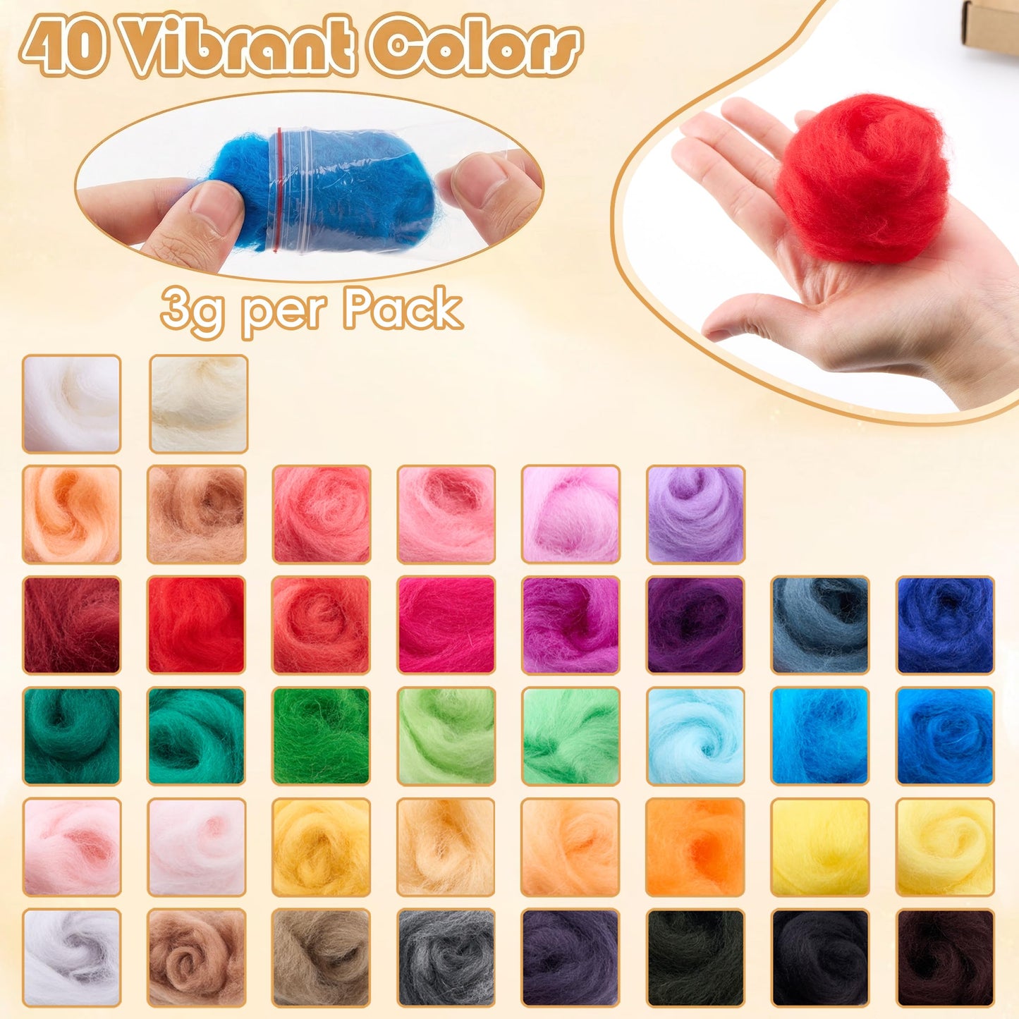 DF DUALFERV Needle Felting Kit with 40 Colors of Premium Felting Wool - Fluffy, Textured Wool Roving with Strong Plasticity for Felted Animal