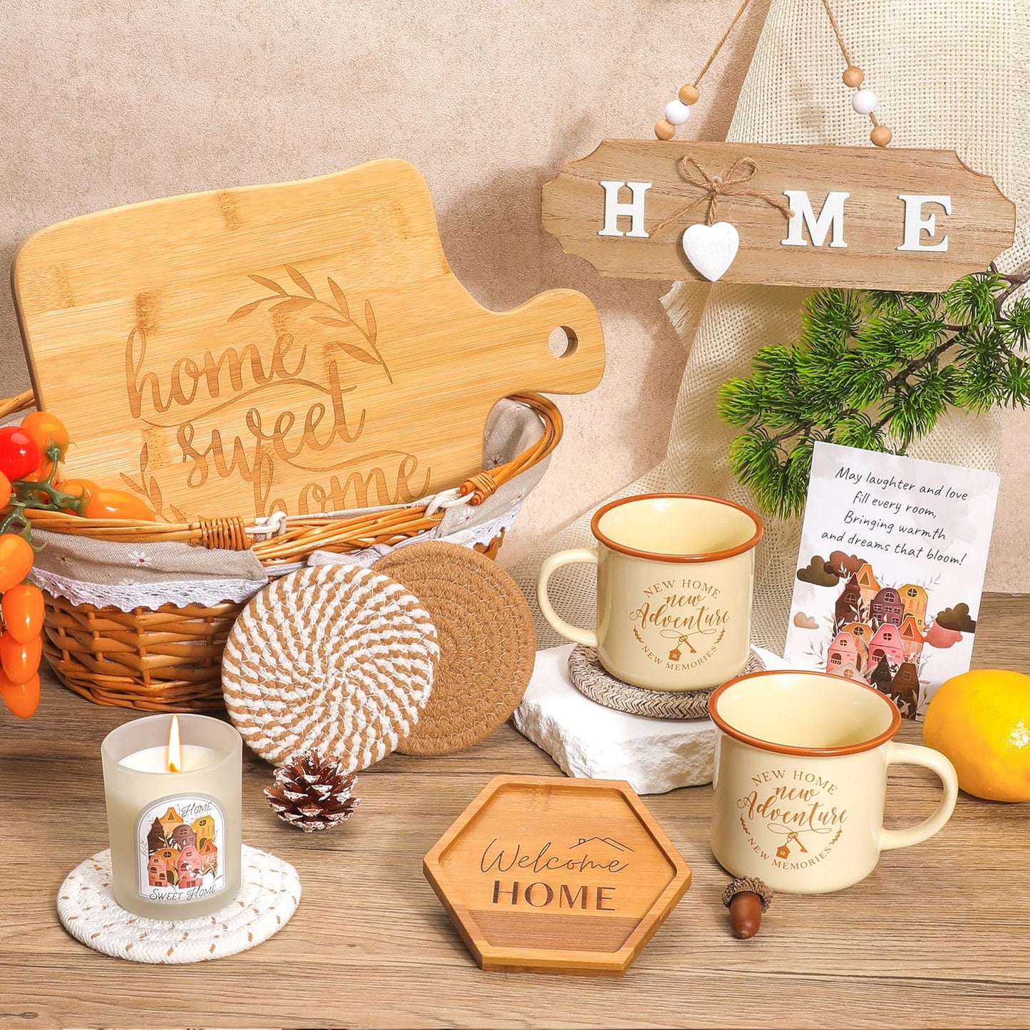 House Warming Gifts New Home,New Home Gifts Ideas,Housewarming Gift,Closing Gift for Home Buyers,House Warming Basket with Mugs Cutting Board Candle