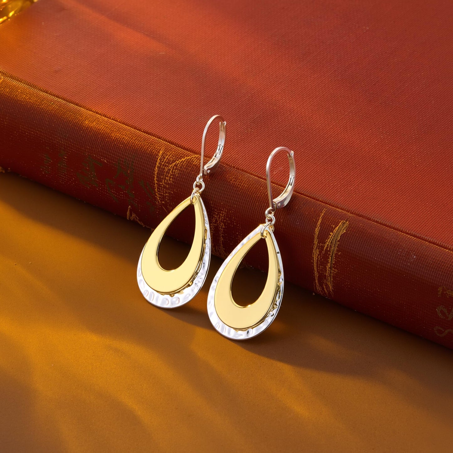 Sterling Silver Teardrop Dangle Earrings for Women Gold Plated Layer Leverback Hammered Dangle Earrings Jewelry Hypoallergenic Silver Waterdrop Leverback Dangle Earring for Gifts