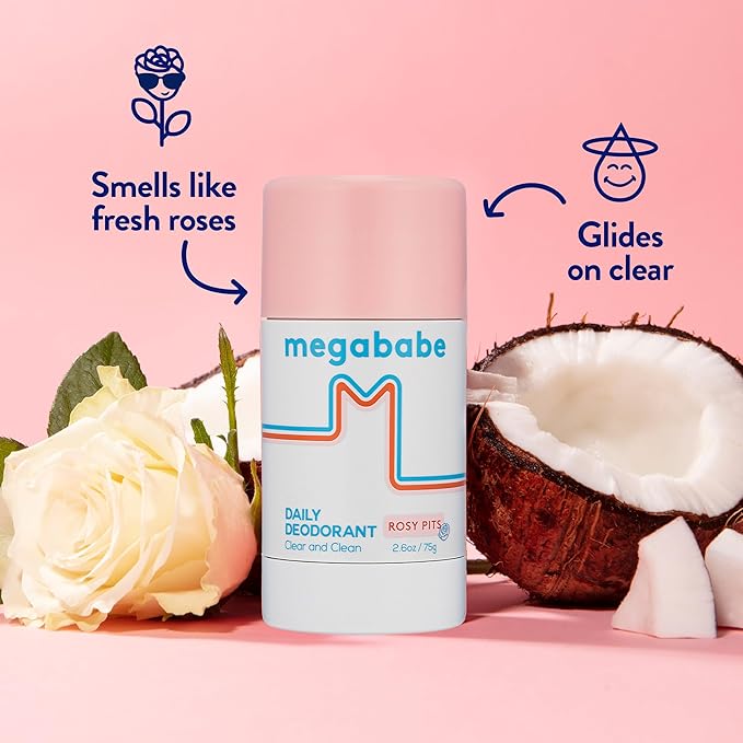 Megababe Daily Deodorant - Rosy Pits | 72 hour Odor Protection | Aluminum-Free, Clear & Clean | 2.6 oz