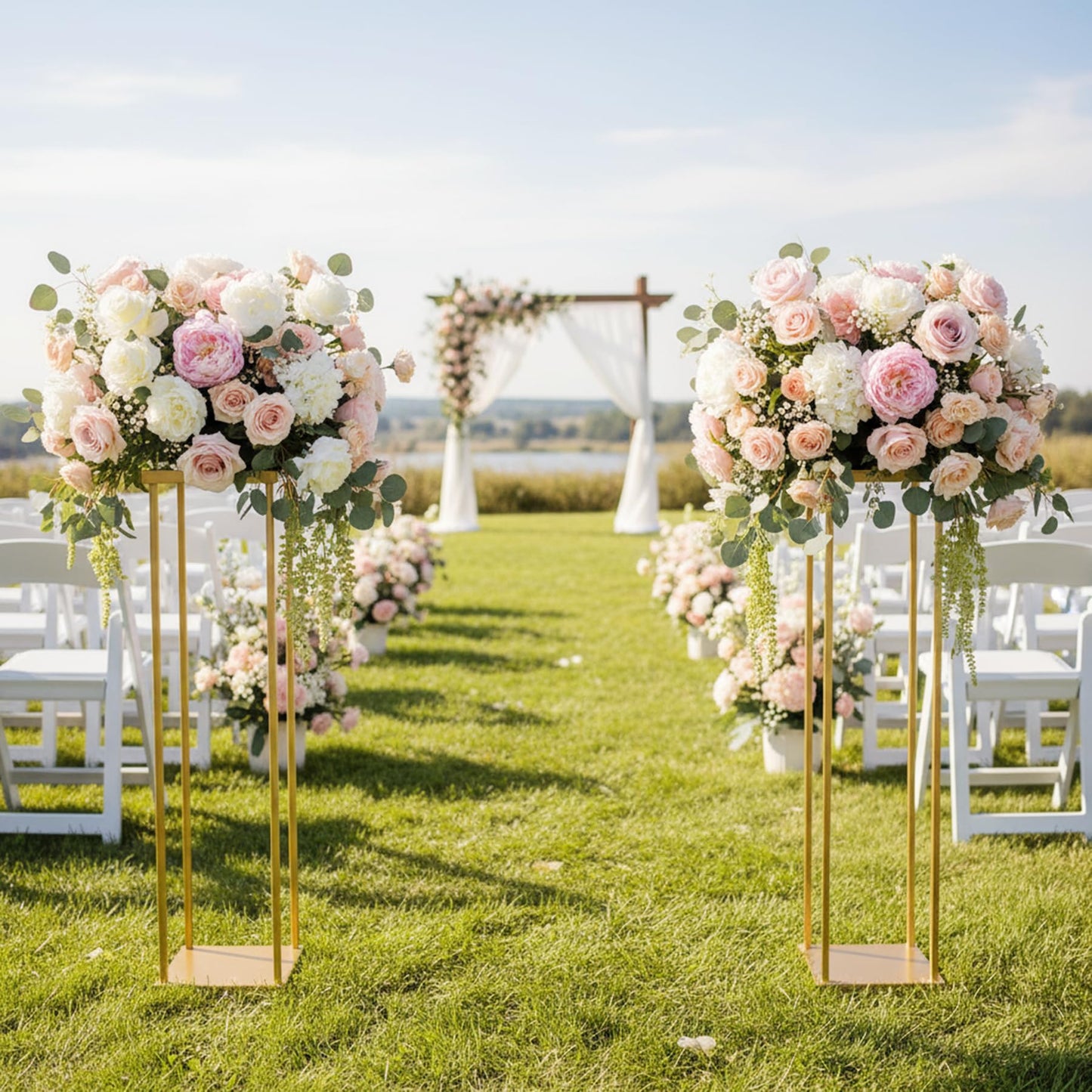 Geometric Gold Vases for Wedding Centerpieces - 31.5" Artificial Flower Display Stands, Set of 2 Elegant Flower Racks for Wedding Christmas Carnival Party Dinner Event Home Decor