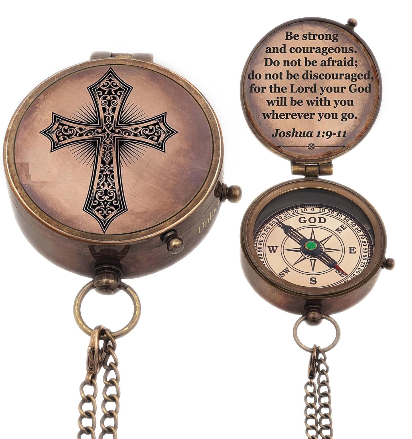 Baptism Gift Personalized Keepsake Compass Engraved Cross and Be Strong and Courageous, Confirmation Gift Ideas, Gift of Faith. Missionary (Antique with Wooden Box)