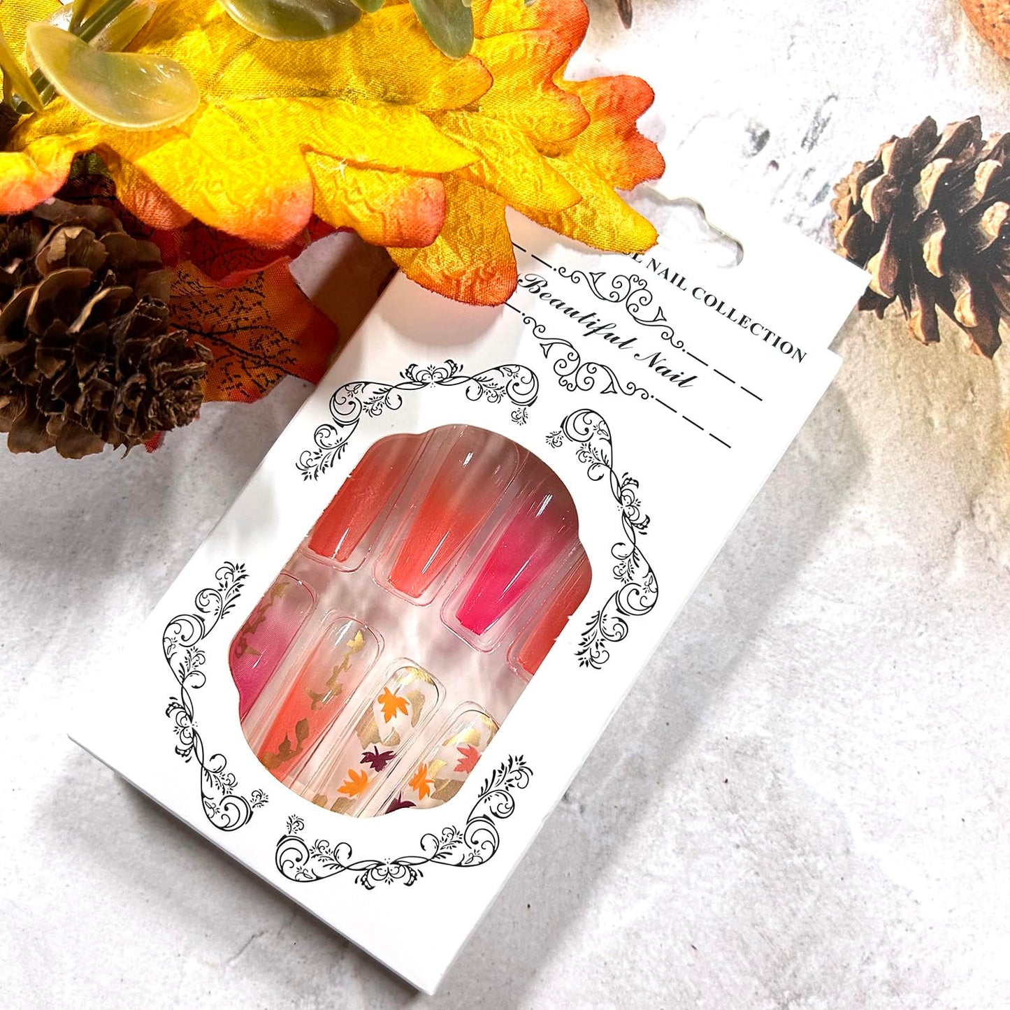 Thanksgiving Press on Nails Long Ballet Shaped Maple Leaf Sequins Design Fall False Nail Full Cover Glossy Gradient Stick on Nail Acrylic Artificial Fingernails Festival Glue on Nails for Women