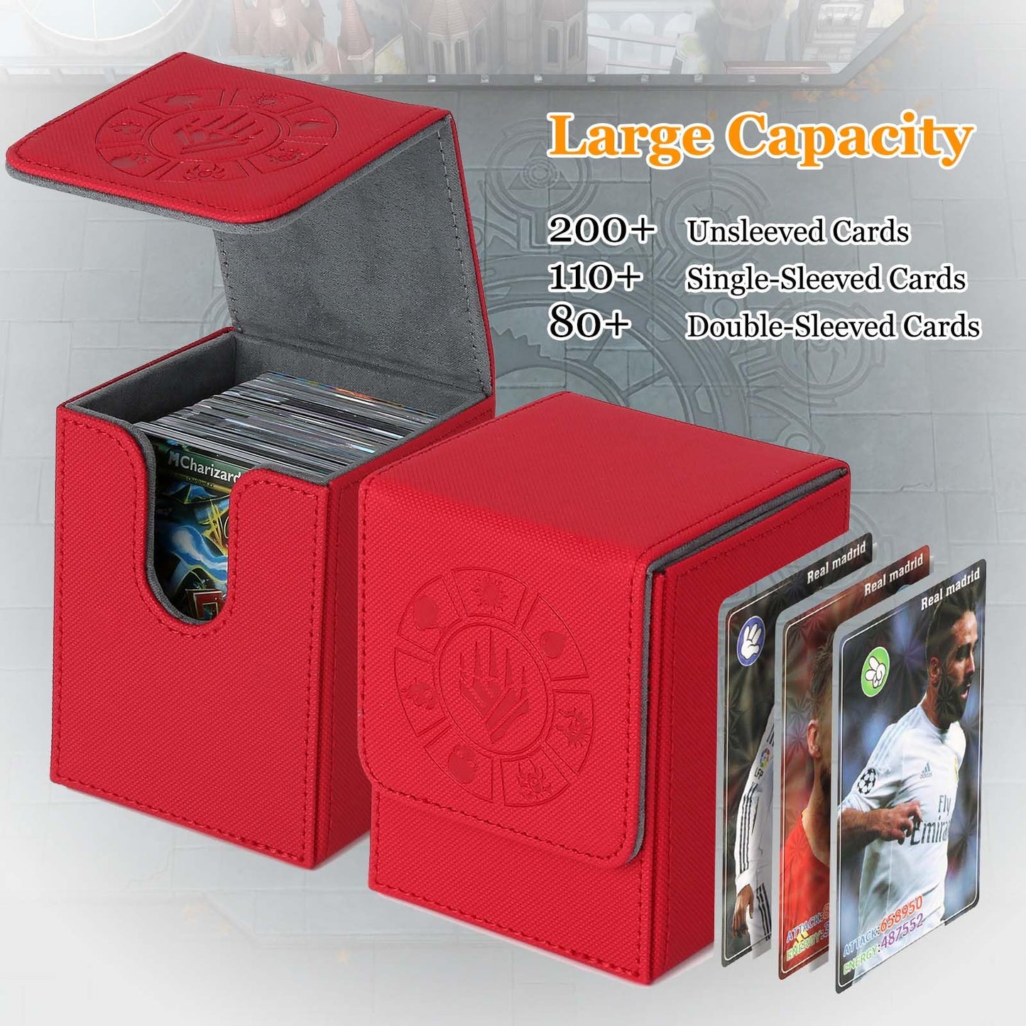 Arkeiliy Card Deck Box, 110+ Storage MTG Deck Box with 50 Pcs Card Sleeve, Collectible Trading Card Cases for Magic Commander and More (Red)