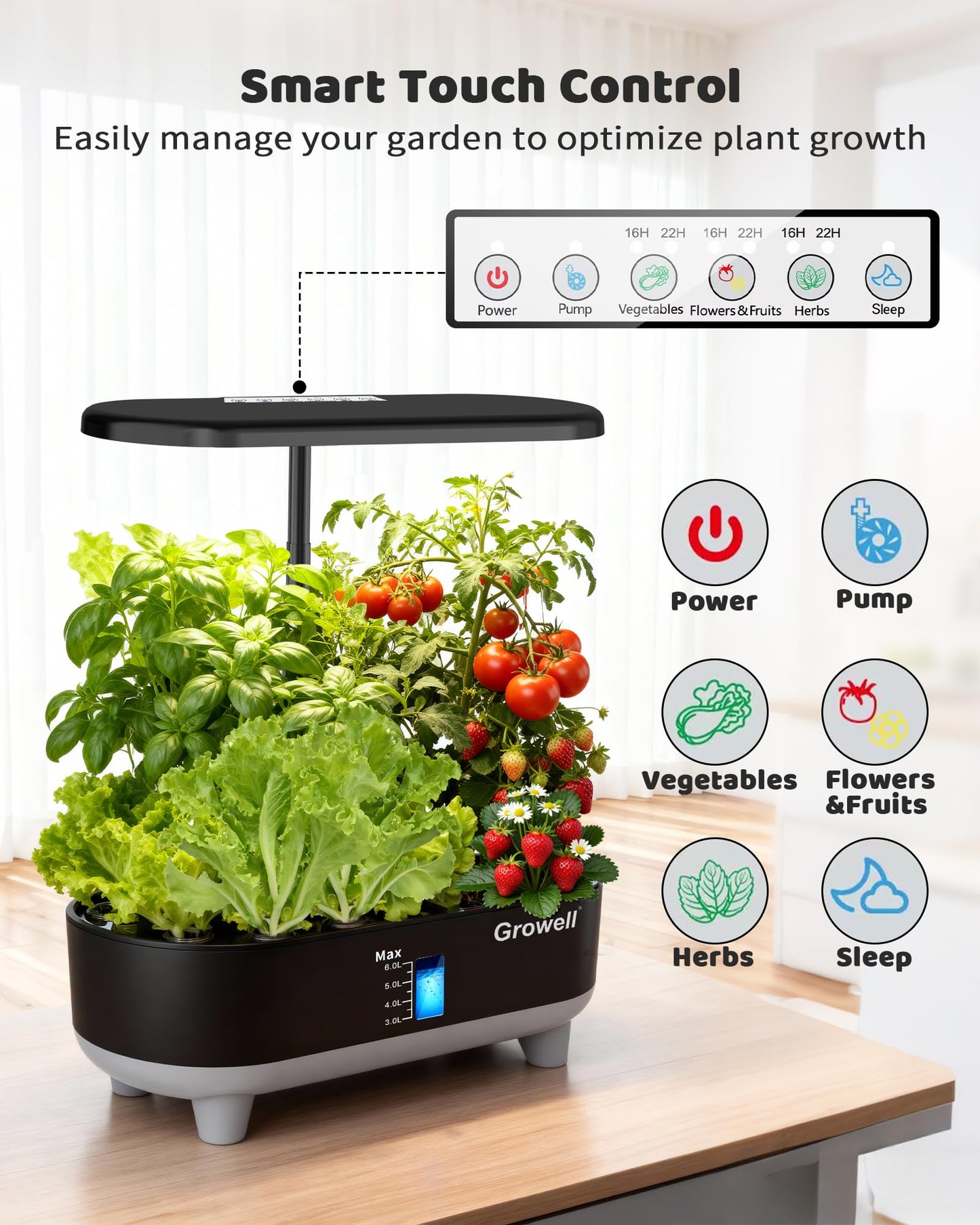 Growell Hydroponics Growing System Kit, 16 Pods, Vertical 8L Indoor Gardening System for Herb Vegetable Fruit, Hydro Garden with LED Grow Light, Smart Water Circulation, 3 Light Modes & 2 Timer, Black