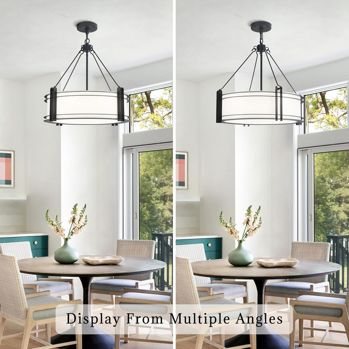 20.4''Drum Chandelier,5-Light Fabric Modern Chandeliers,Black Farmhouse Round Pendant Light Fixture for Dining Room Kitchen Island Living Room Bedroom Hallway