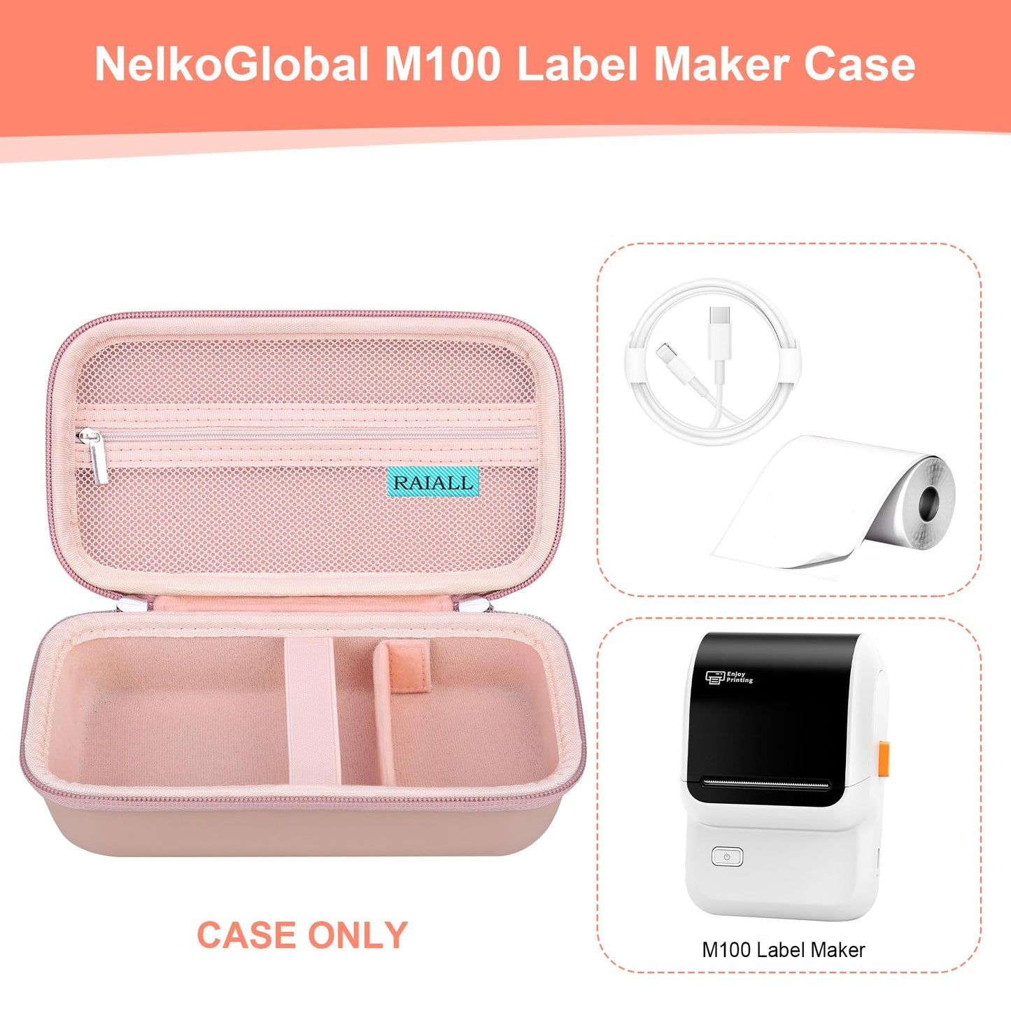 RAIALL Carrying Case for NelkoGlobal M100 Label Maker, NelkoGlobal M100 Inkless Thermal Bluetooth Label Printer Bag, Handheld Barcode Labeler Storage Holder, Pocket Fits Label Paper, Rose Gold