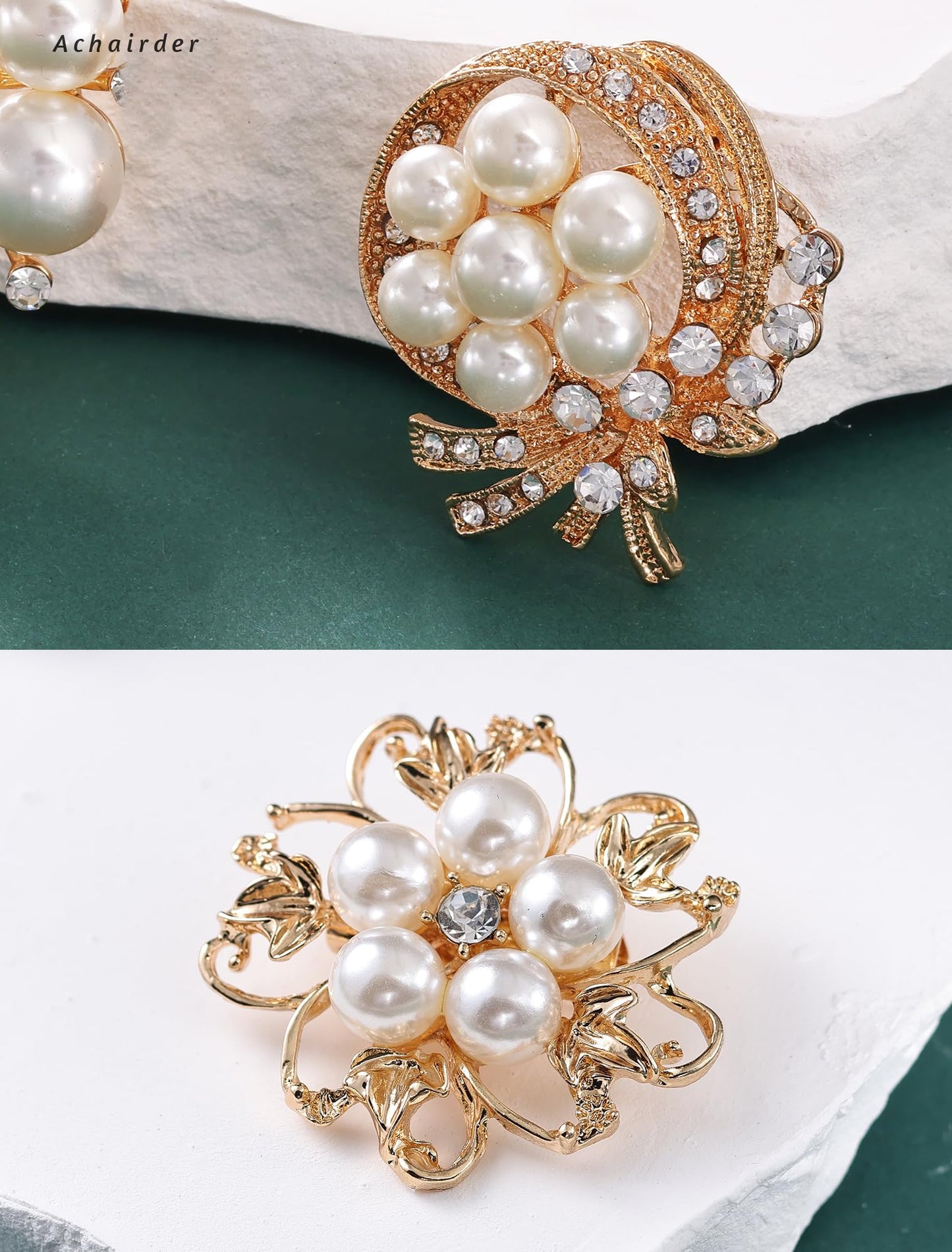 Achairder 9 Pack Gold Crystal Rhinestone Flower Brooch Pin Set for DIY Wedding Party Bouquets Embellishment Crafts Decor