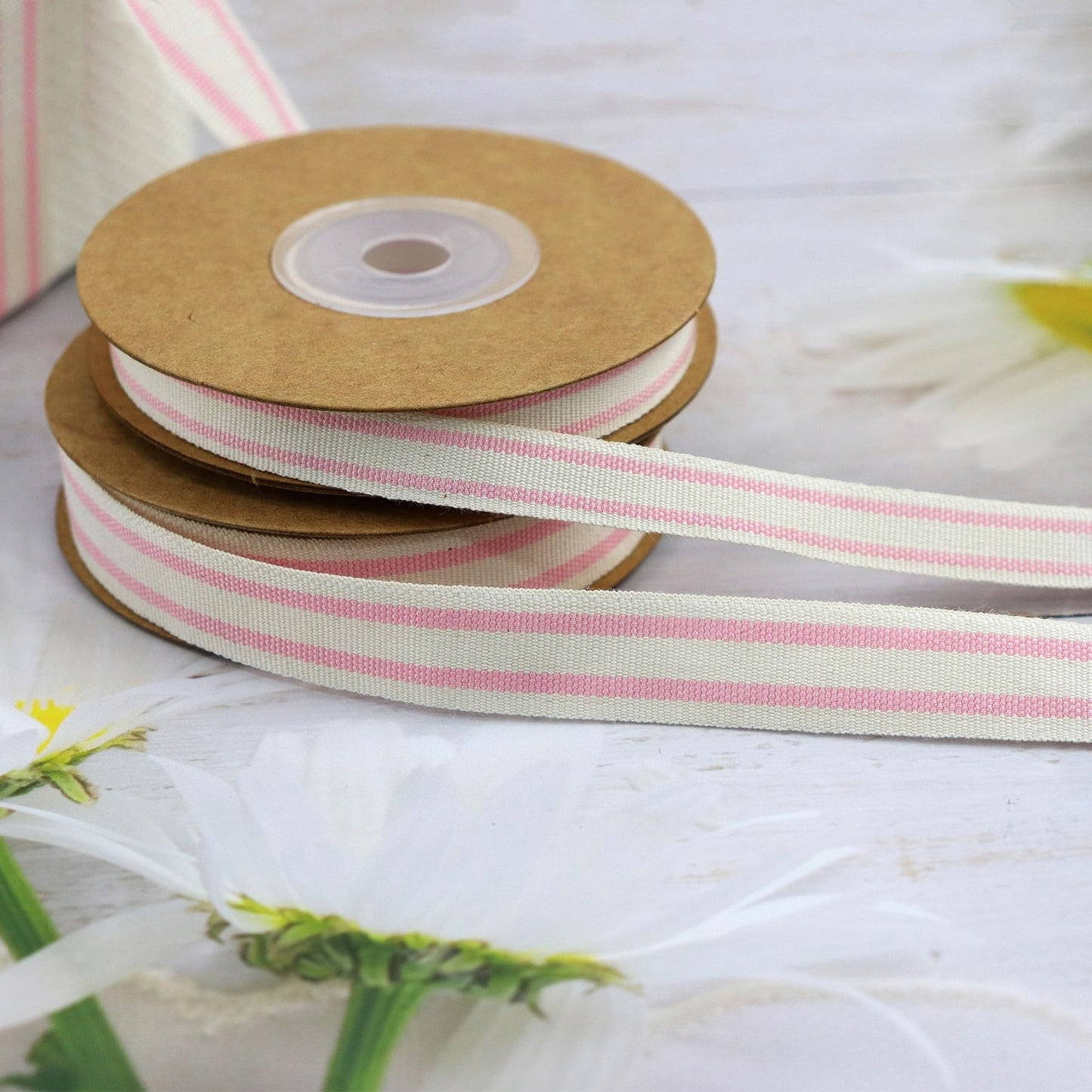 YERELO 10Yard x 2Roll Set Cotton Stripe Ribbon 5/8" and 3/8" Pink Stripe Ribbons for Christmas Tree Crafts,Wedding Wreath,Gift Wrapping,Decoration and DIY Handmade Hair Bows