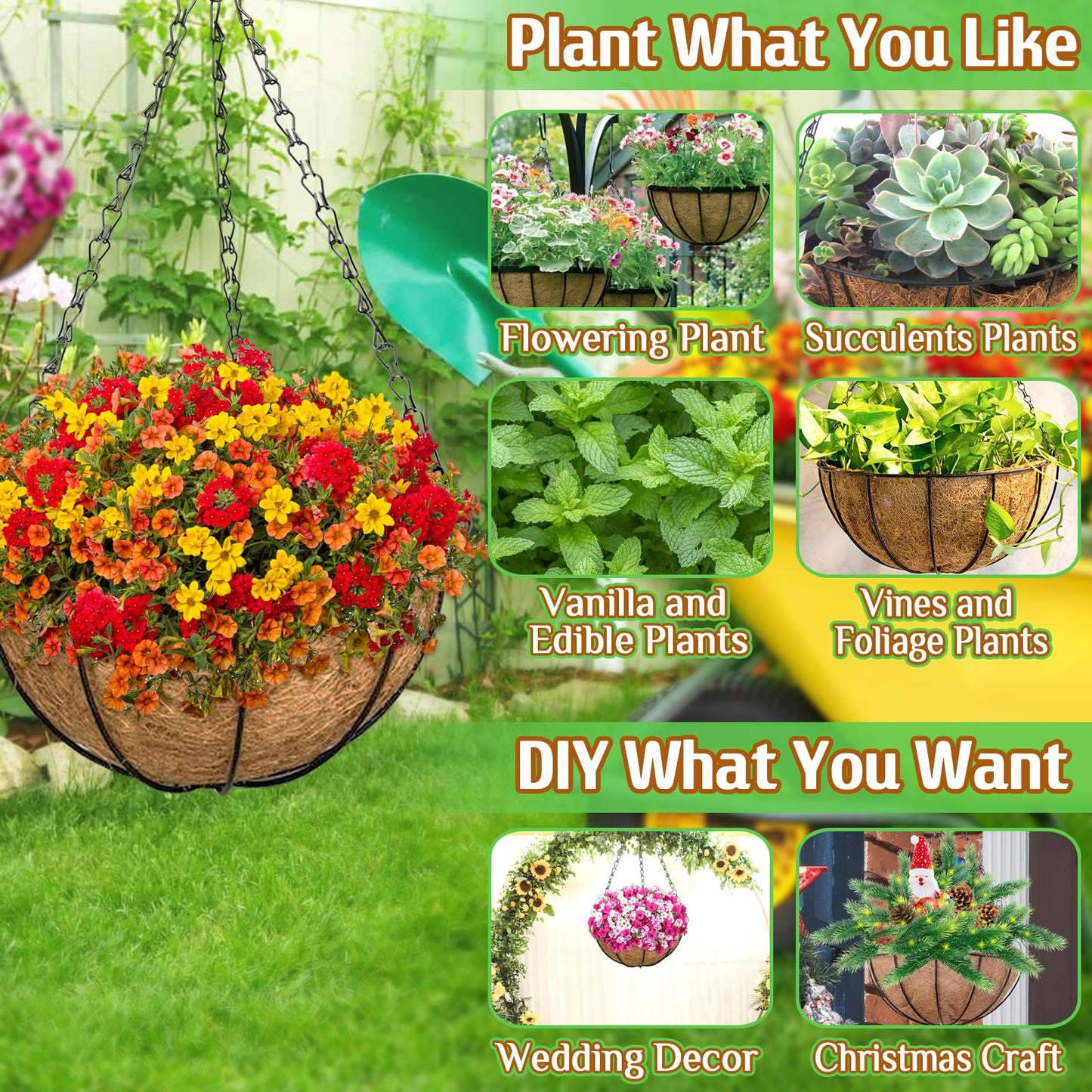 ZeeDix 3 Pack 14 Inch Hanging Baskets for Plants Outdoor Indoor, Metal Hanging Planters Flower Pots with Coco Liners Replacement, Decor Garden Flowers Vegetables Plants