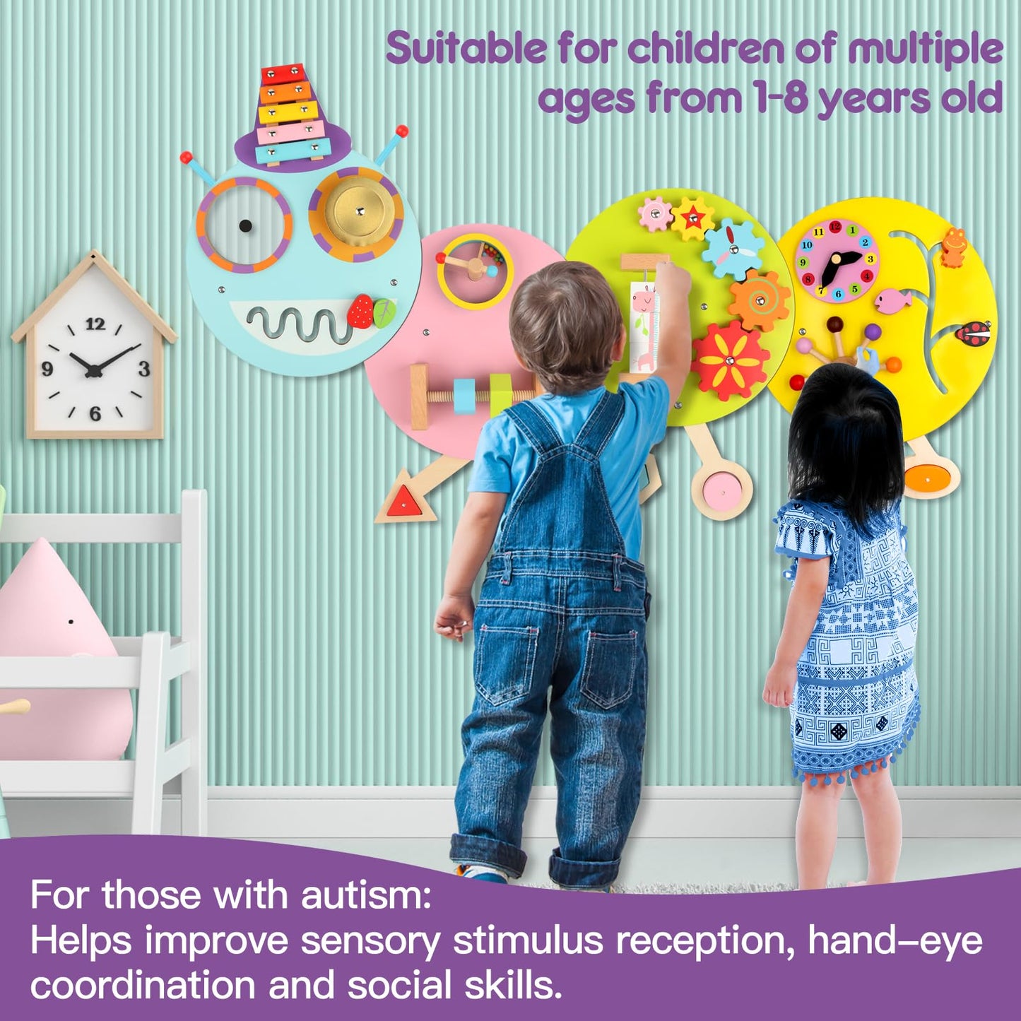 Sinpedex Caterpillar Activity Wall Busy Board for Kids:12 in 1 Sensory Wall Panel for Toddler,Wooden Montessori Educational Toys for Playroom Daycare Nursery Classroom