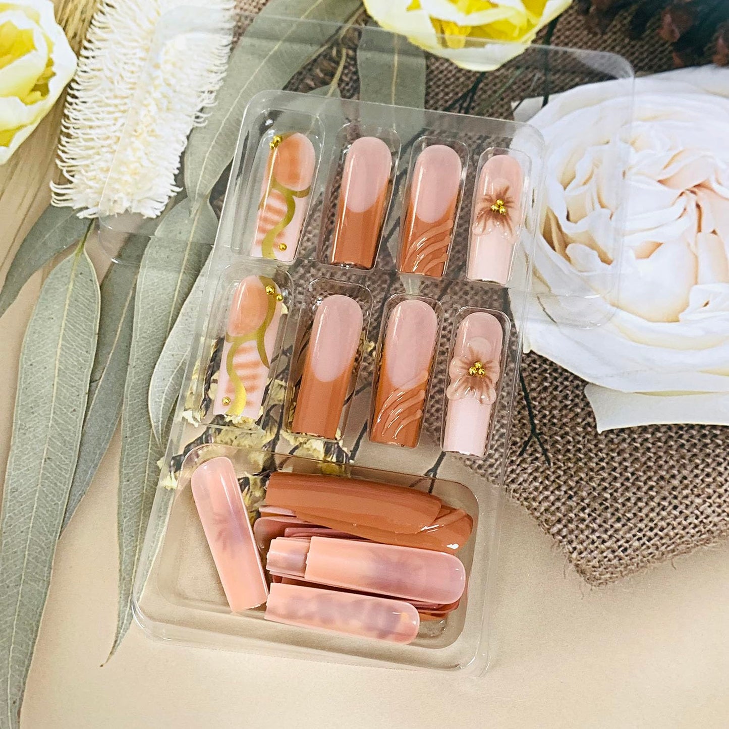 FIEONCIY Press on Nails Coffin Long Length Acrylic Glossy Full Cover Square Shaped French False Nails with Designs Artificial Extra Long Fake Nails with Charms Glue ons Fingernails for Women(DD1)