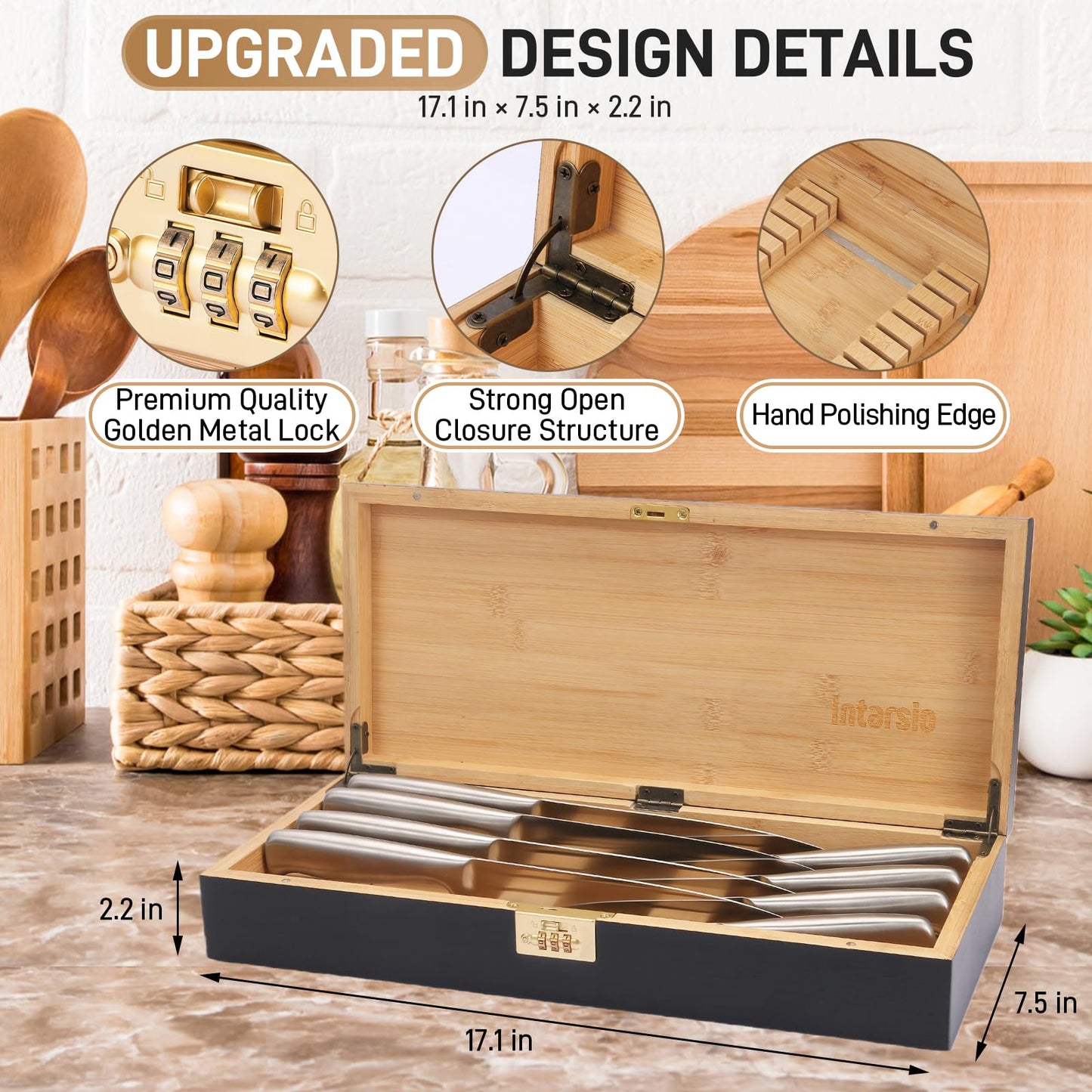 Upgraded Lockable Large Bamboo Knife Storage Box with Magnetic Removable Knife Blocks for Easy, Quick and Safe Culinary Tools Storage, Keyless Kitchen Combination Lock Box, Great Kitchen Gifts