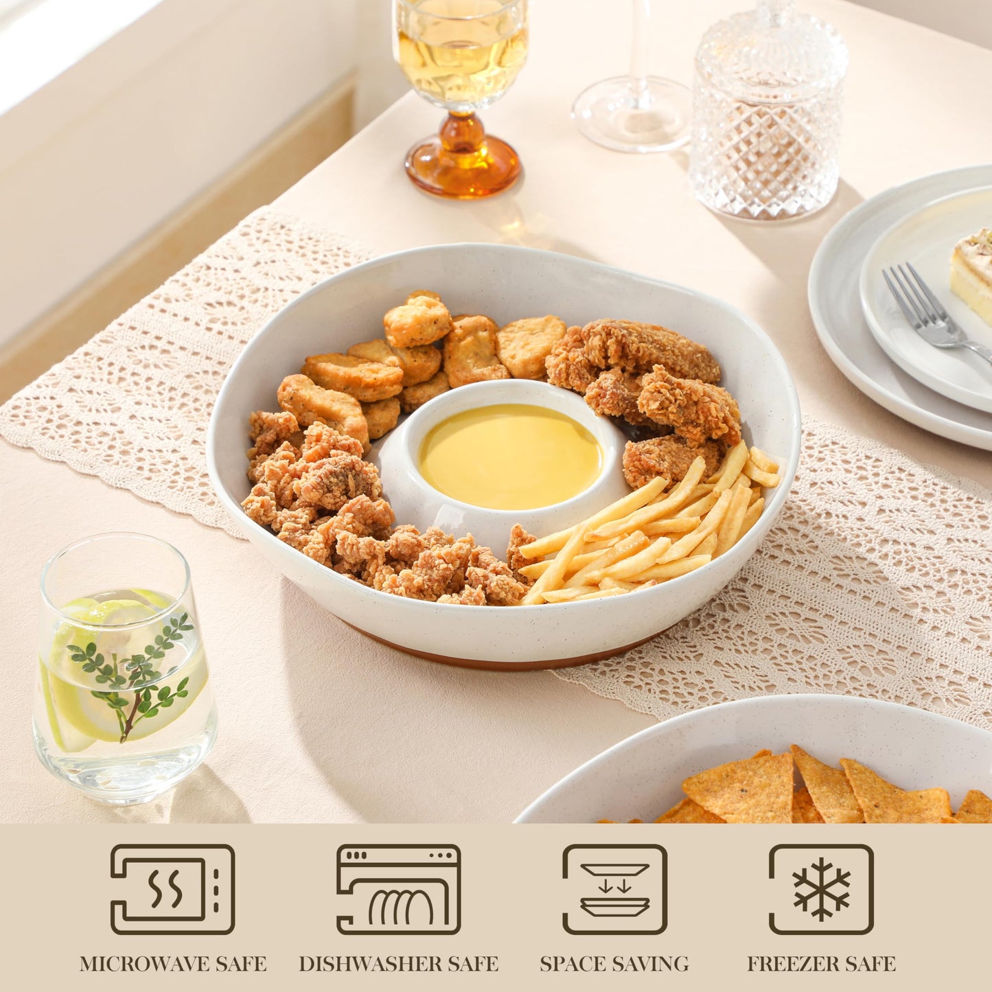 MALACASA Ceramic Chips and Dip Serving Tray, 12 Inch Large Divided Bowls Set for Salsa, Veggies & Dip, Appetizers, Snacks, Free-Form Serving Dish Platter for Parties Hosting & Entertaining, White