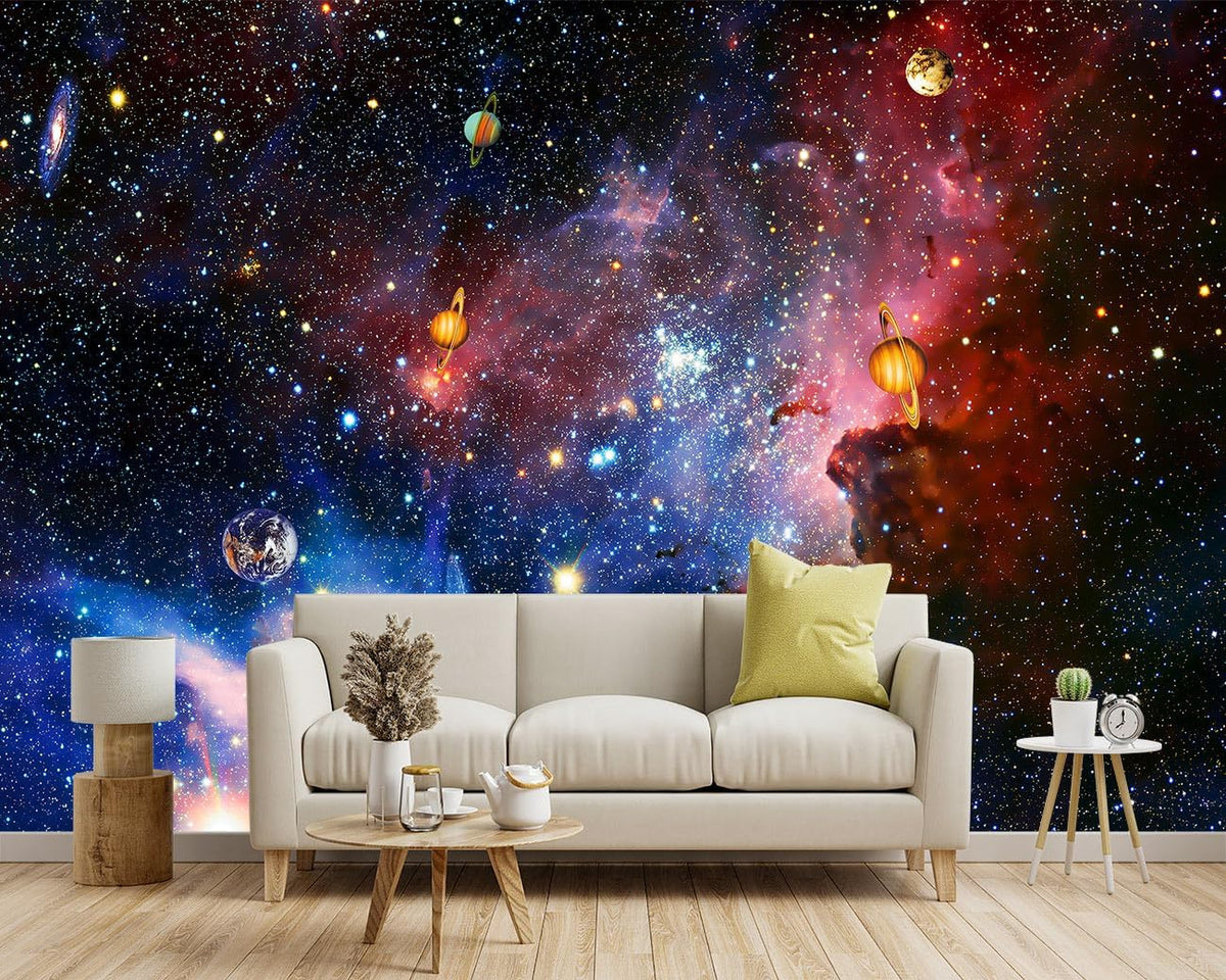 -Galaxy Universe Planet Ceiling Fabric Wallpaper Boys Girls Nursery Starry Sky Children Bedroom Bathroom Large Mural- 91"x65"（ not Peel and Stick）