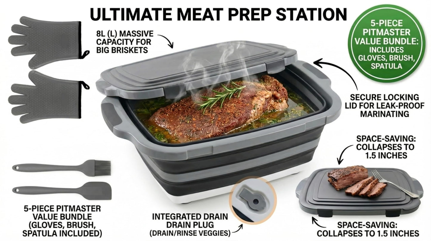 Collapsible BBQ Prep Tub with Lid & Cutting Board 8L - Meat Marinating Basin & Grill Carry System - 5pc Set with Heat Resistant Gloves, Basting Brush & Spatula(Black, Large, 8L)