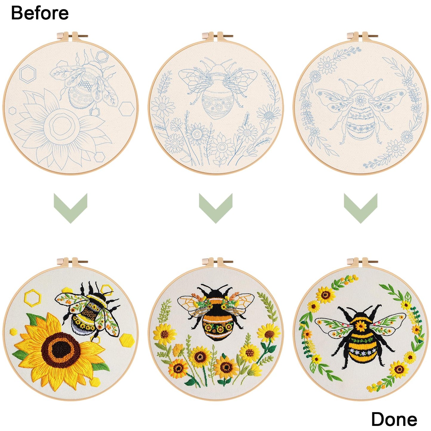 Nuberlic 3 Pack Embroidery Kit for Beginner Adults, Cross Stitch Set with Cute Bee Patterns, Includes Cloth, Hoops, Threads, Needles, Instructions