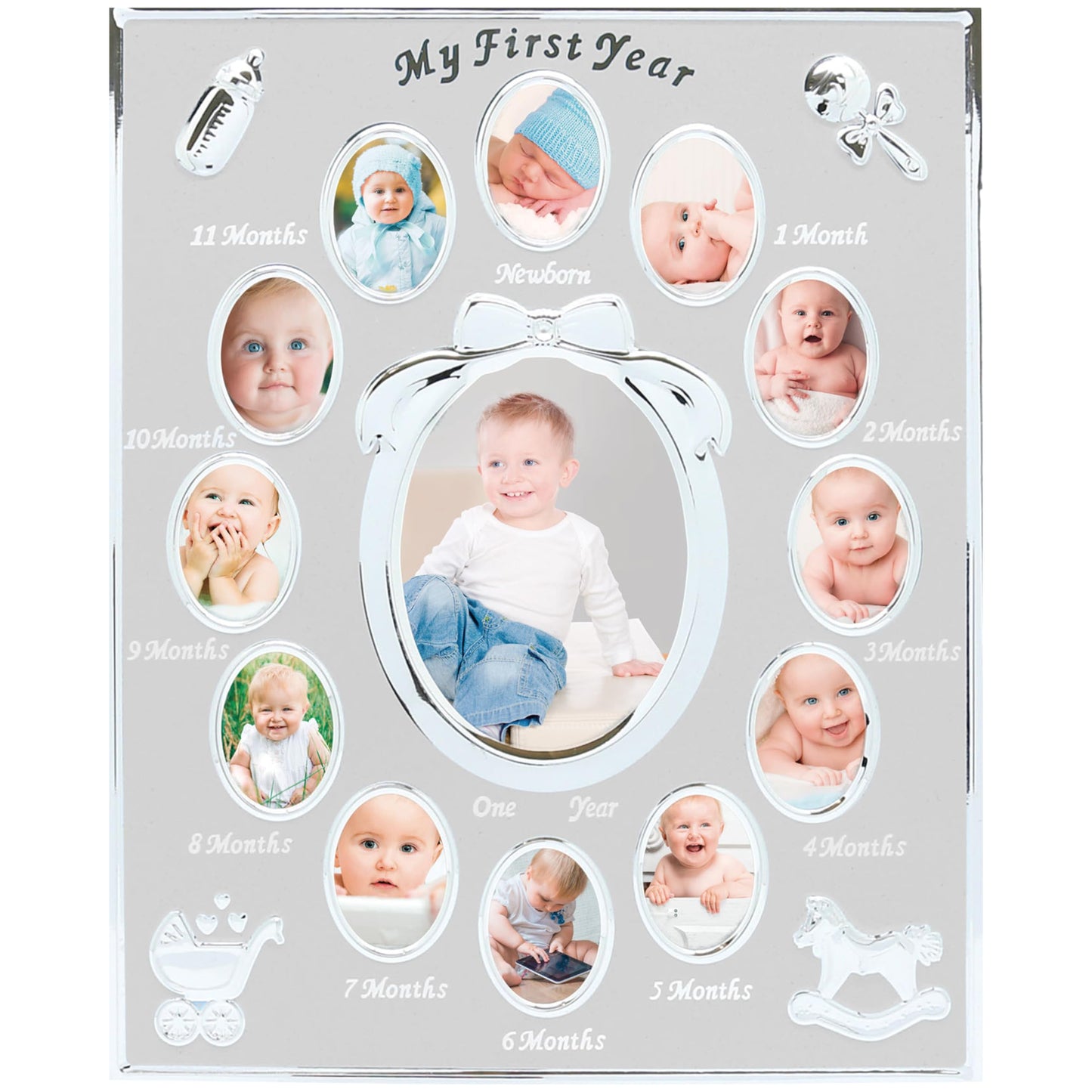 Tiny Ideas Baby’s My First Year Picture Frame, Monthly Milestone Photo Collage, 12 Month Baby Keepsake, Nursery Wall Decor and Baby Gift, Silver