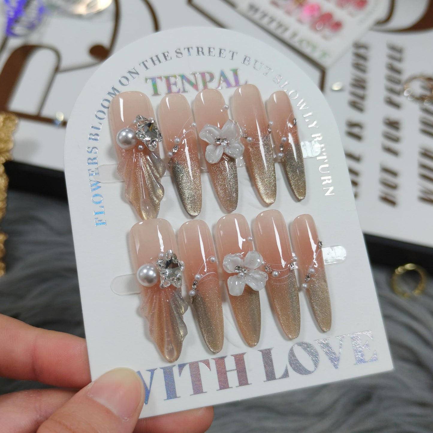 TENPAL Cat Eye French Tips Press on Nails Long Stiletto- Icy Glitter & Pearl Sweet Design, with Hand Carving, Reusable & Glossy False Nails for Effortless Glam(S)