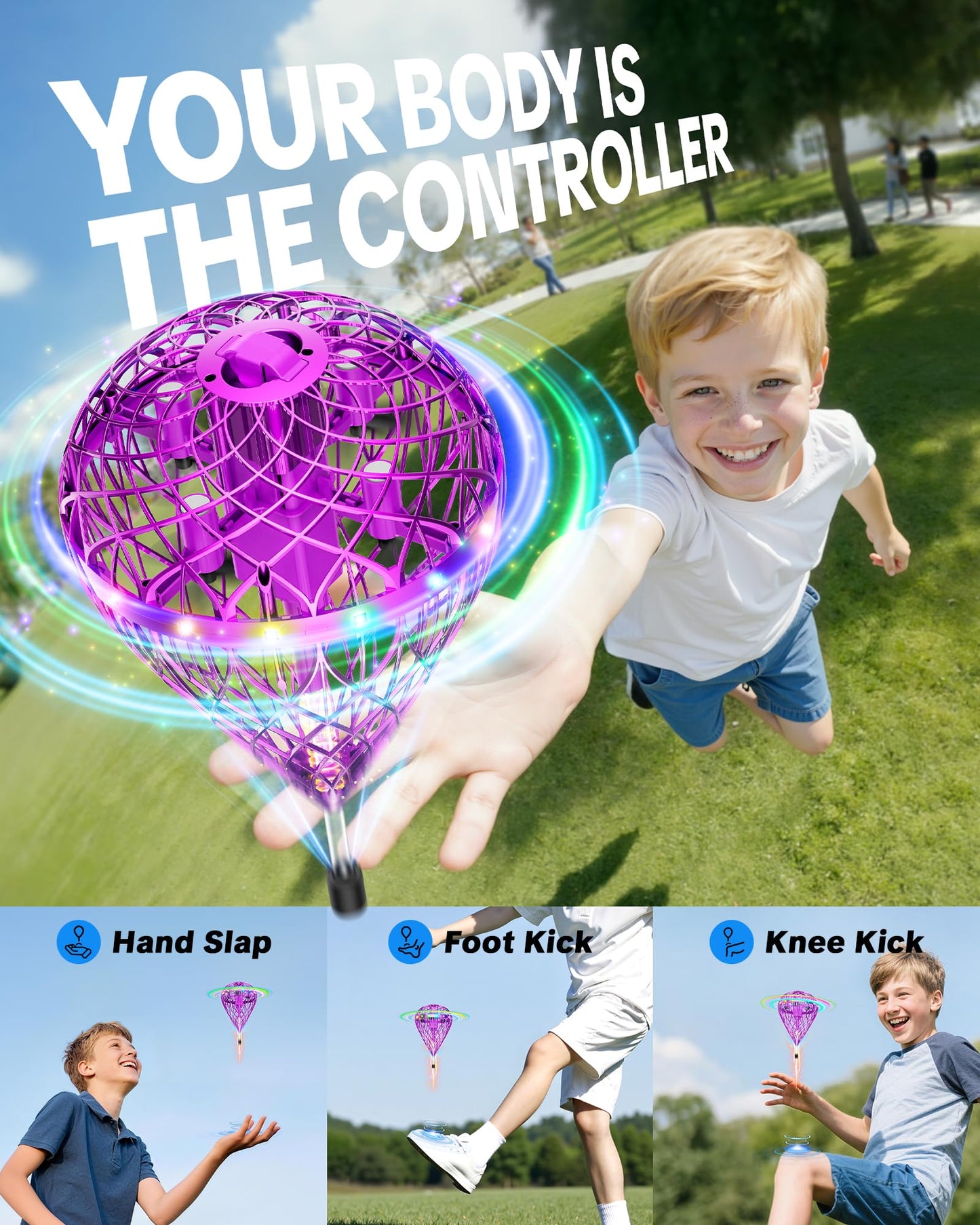 Flystars Flying Bouncing Toys, Next-Gen Pro 2025 Cosmic Globe Flying Orb Ball Motion-Control Hover Spinner with 3D Flips, Cool Birthday Toy for Kids 6+ Boys Girls Teens (Purple-L)