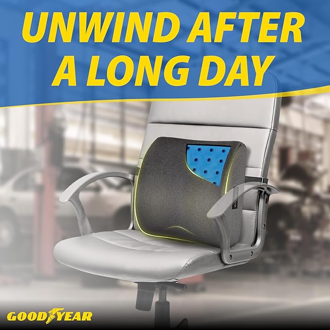 Goodyear Pure Memory Lumbar Support Pillow – Premium Memory Foam Back Support Cushion for Office Chair, Car Seat & Recliner – Ergonomic Lower Back Relief, Breathable, Cooling, Adjustable Strap