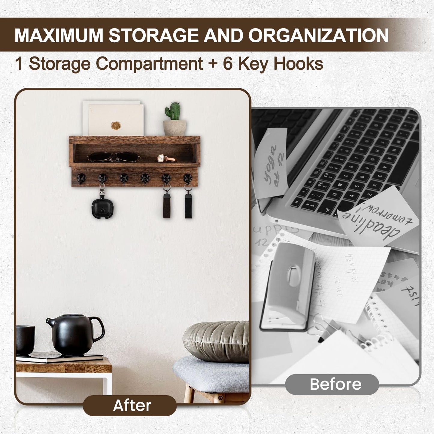 Lucundm Key and Mail Holder Wall Mount, Key Hanger with Long Storage Box and 6 Hooks for Coat, Dog Leash, Home Decor Rack, House Accessories, Entry Way Organizer (Brown)