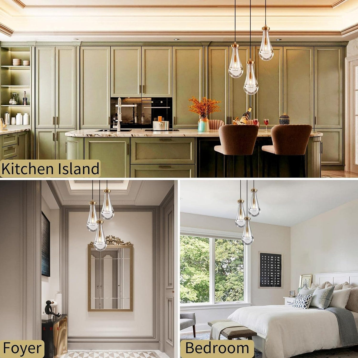 Brass 3 Light Pendant Lighting for Kitchen Island, Raindrop Cluster Pendant Light Fixture, Adjustable Hanging Rope Glass Chandelier Dining Room Light Fixture Ceiling Lamp for Foyer Hallway