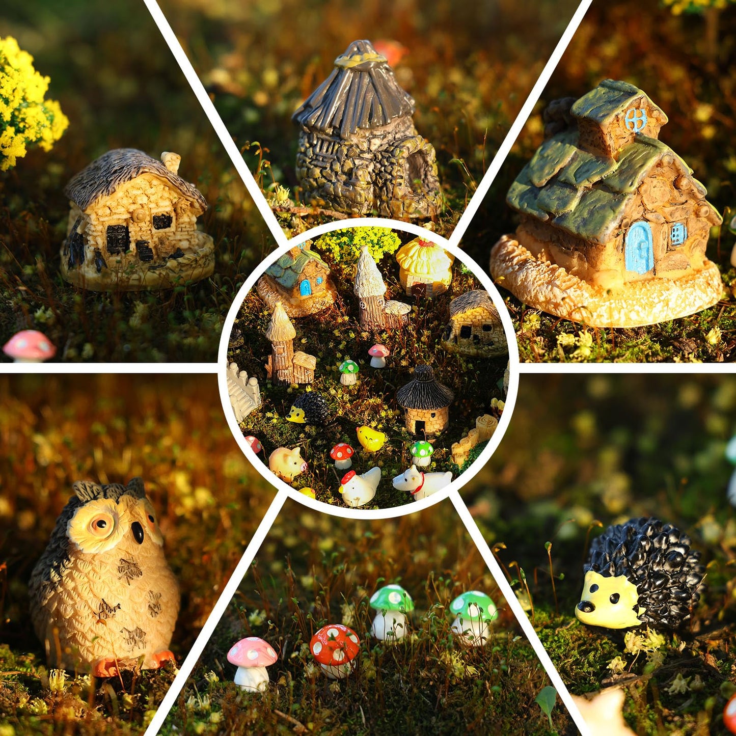 HIYZI 60 PCS Mini Fairy Garden Accessories Kit Enchanted Miniature House Decor Set with Tiny Figurines, DIY Micro Landscape Ornaments for Terrarium, Dollhouse Succulent Craft