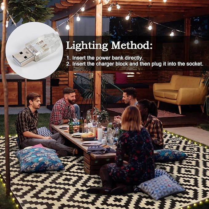 SAND MINE Reversible Mats with Led Strip Lights, Plastic Straw Rug, Modern Area Rug, Large Floor Mat for Outdoors, Patio, Backyard, Deck, Picnic, Camping, Black & Beige, 8' x 10'