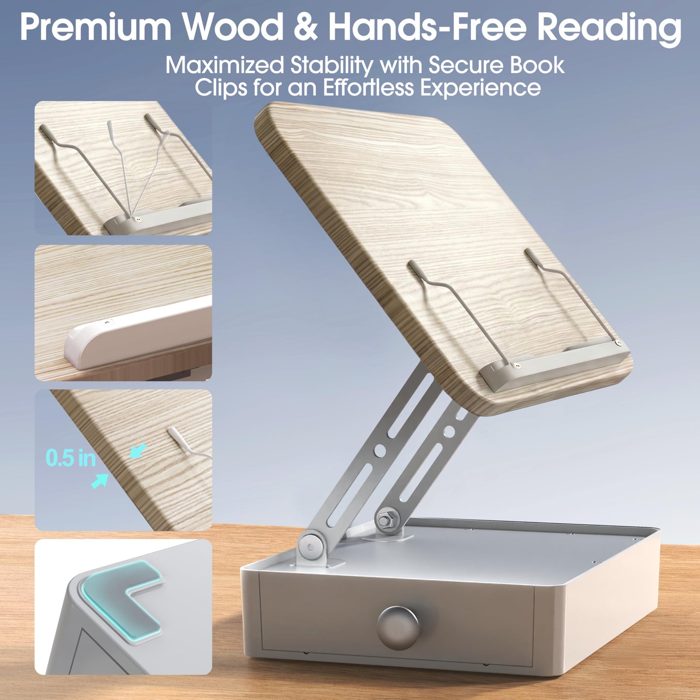 Book Stand with Storage Drawer, Adjustable Wooden Reading Stand for Desk, Ergonomic Height & Angle Book Holder for Textbooks, Cookbooks, Documents (White Ash Finish, 9.8" x 13.8" Large Panel)