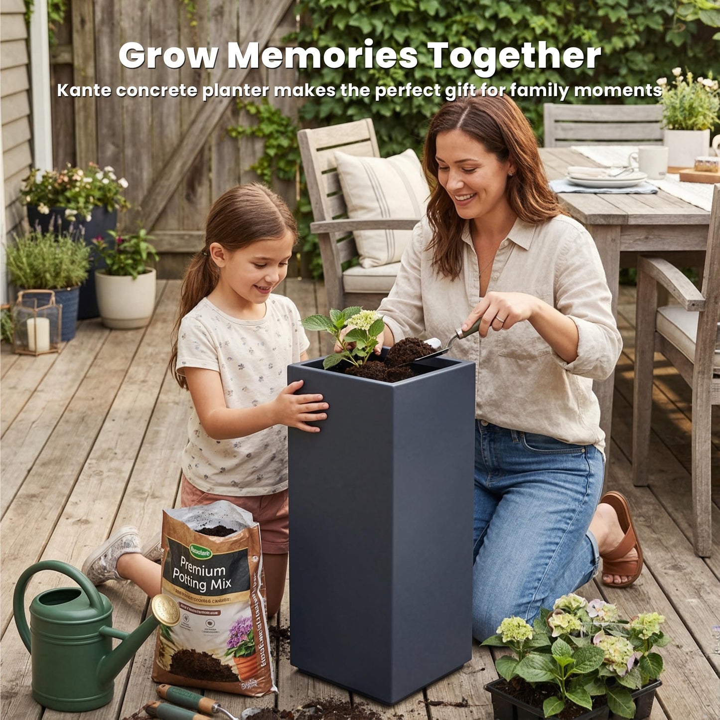 Kante 19.9" H Charcoal Concrete Planter, Tall Modern Rectangular Plant Pot with Drainage Hole & Rubber Plug, Crack-Resistant Lightweight Square Container for Indoor Outdoor Home Garden Patio