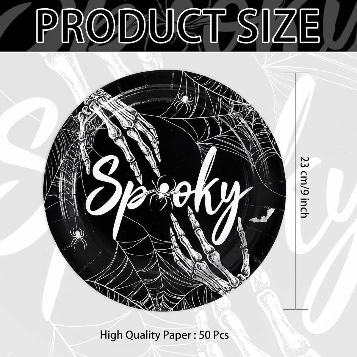 Grencian 50Pcs Halloween Spider Webs Plates 9” Disposable Heavy Duty Spooky Skeleton Hands Paper Plates For Halloween Flags Garden Party Decorations Supplies