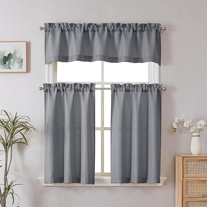 Chyhomenyc 2 Panels Dark Grey Kitchen Curtains, 30"W x 24"L (Pack of 2), Light Filtering, Rod Pocket, Modern Style