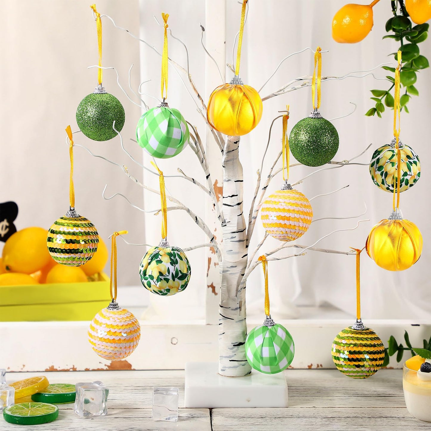 Yuxung 12 Pcs Summer Lemon Tree Ornament Yellow Green Summer Decortion Lemon Ball Hanging Ornament for Small Tree