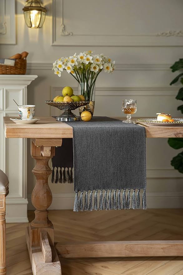 ZeeMart Graphite Grey Table Runners 72 Inches Long, Burlap Linen Style Rustic Farmhouse Table Runner, Boho Woven Dining Table Runner, 13x72 Inches, Graphite Grey