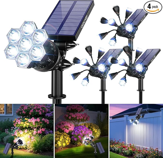 Solar Spot Lights Outdoor 1000LM, IP68 Waterproof Solar Lights Outdoor with 7x360° Adjustable Metal Hose, 4 Lighting Modes Spotlights for Garden Pathway Yard Landscape, 4 Pack (Cool White)