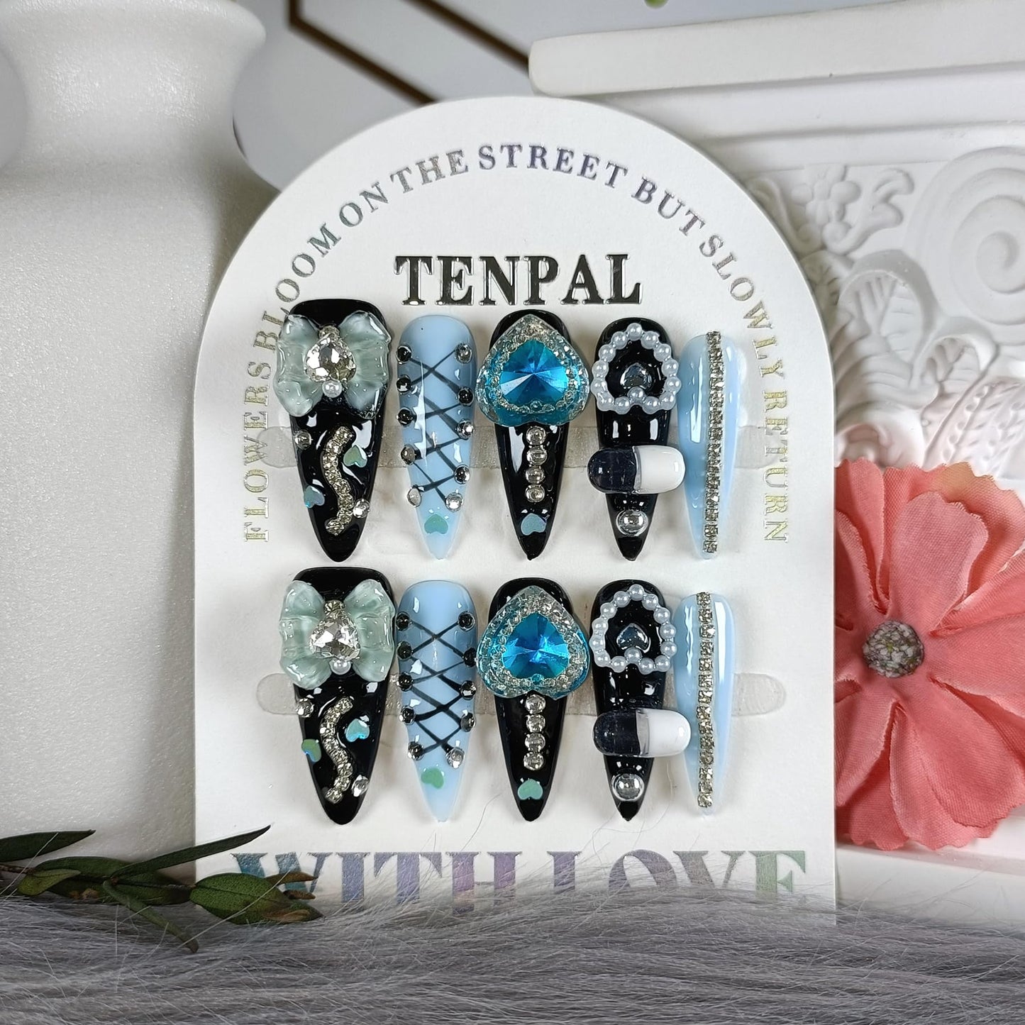 TENPAL 10Pcs Y2K Gothic Press On Nails With Tools,Blue 3D Capsule Pearl Bow & Chain Charms Designs Fake Nails,Long Stiletto Handmade False Nails,Reusable Acrylic Glue on Nails for Party Halloween(S)