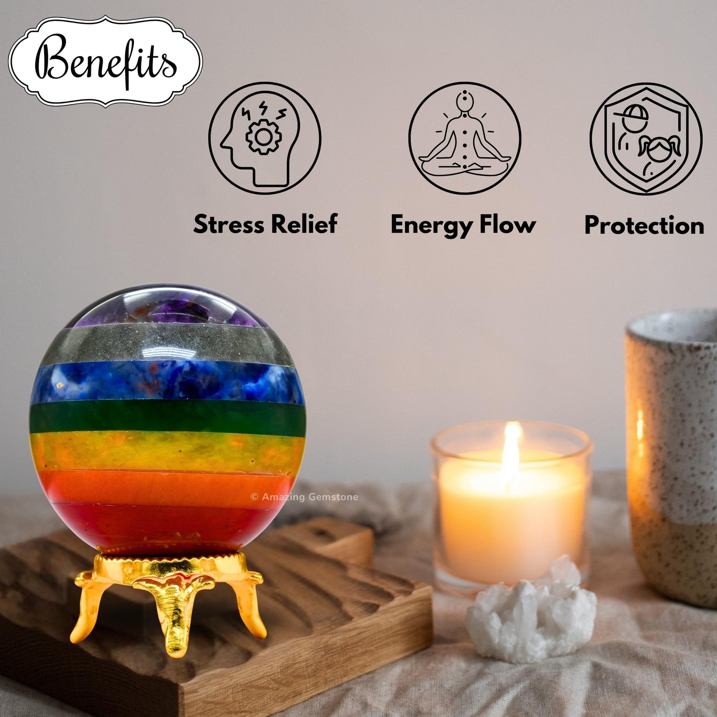 Amazing Gemstone Chakra Crystal Ball with Stand - 2 Inches Crystal Sphere Meditation Balls for Witchcraft and Decorative Balls